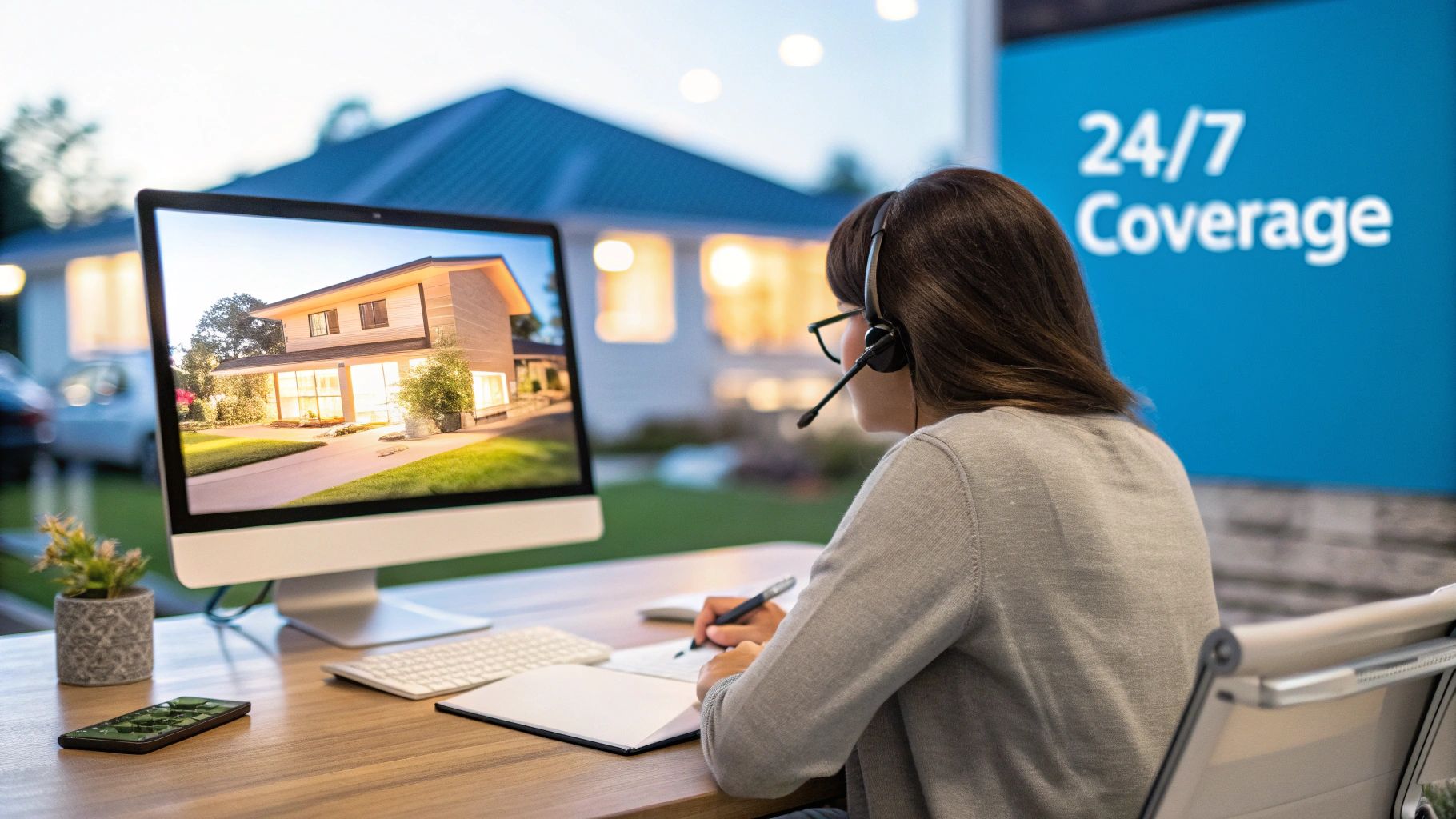 A woman in a headset looking at a computer monitor displaying a modern house, taking notes at her desk.