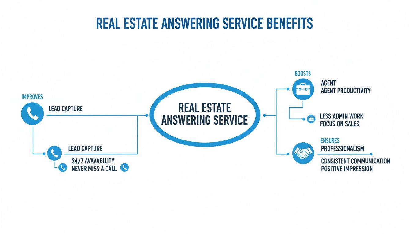 Diagram illustrating the numerous benefits of a real estate answering service, including improved lead capture, agent productivity, and professionalism.