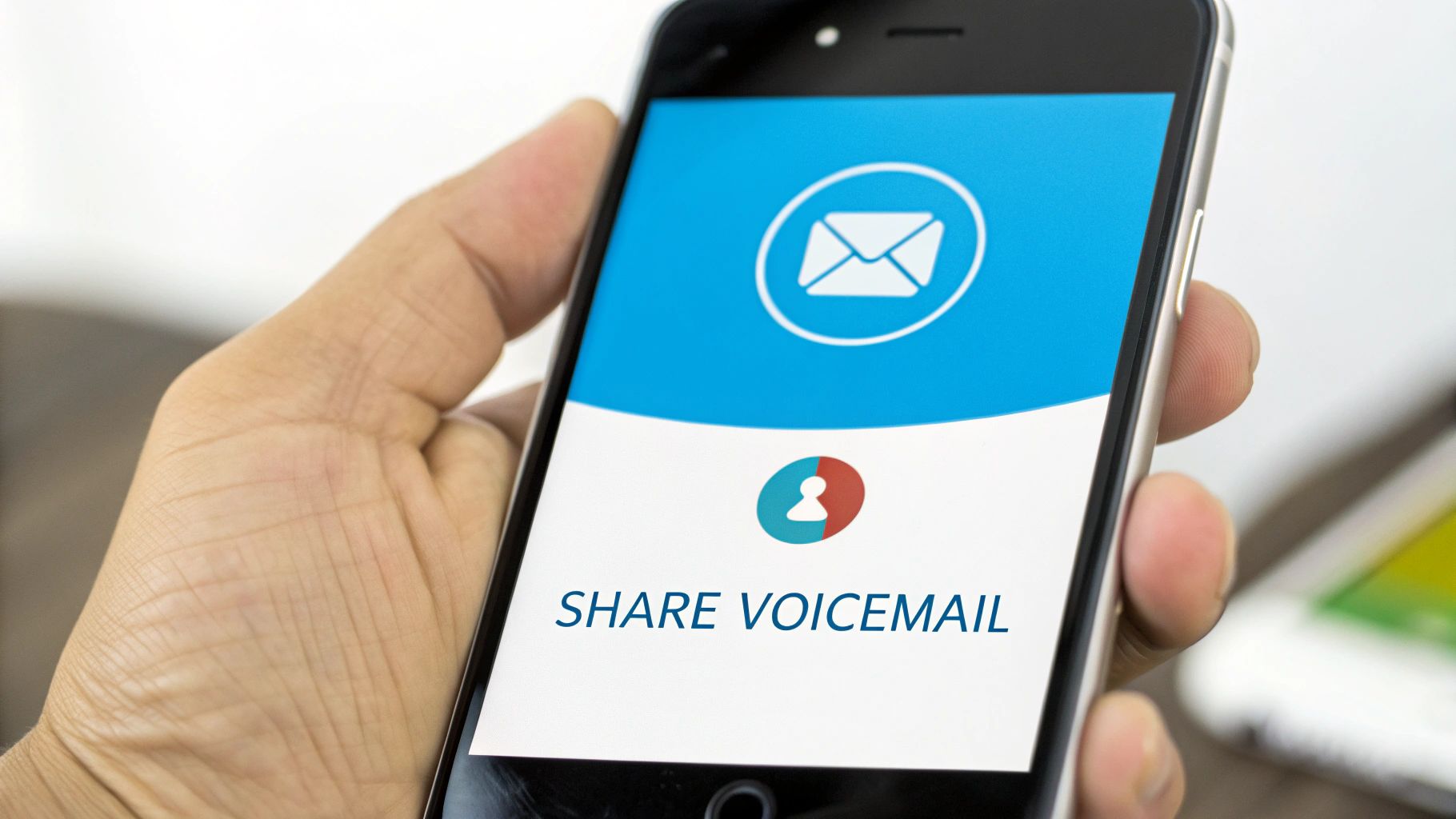 Close-up of a hand holding a smartphone showing a 'SHARE VOICEMAIL' app screen.