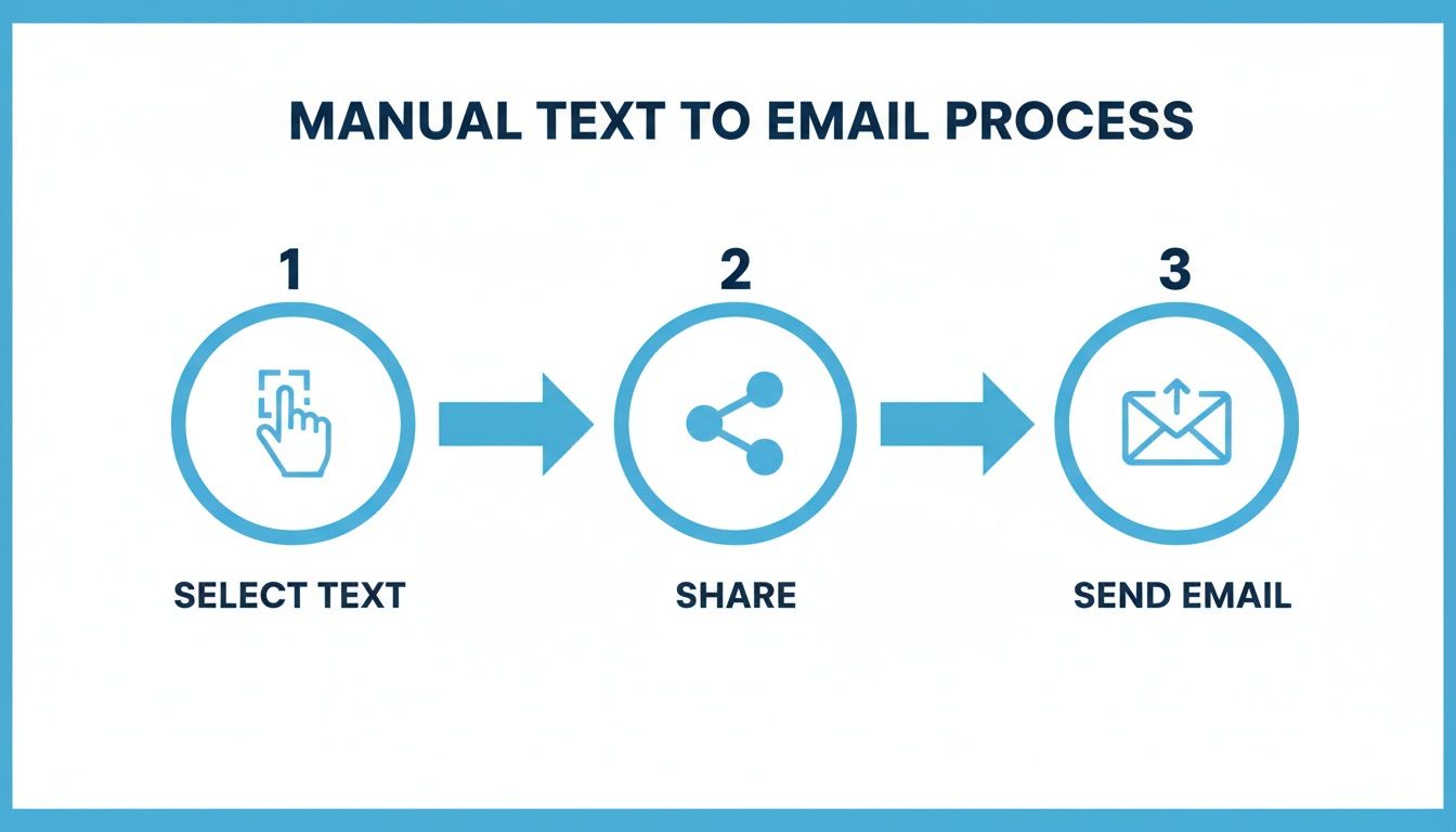 A three-step diagram illustrating the manual text to email process: select text, share, and send email.