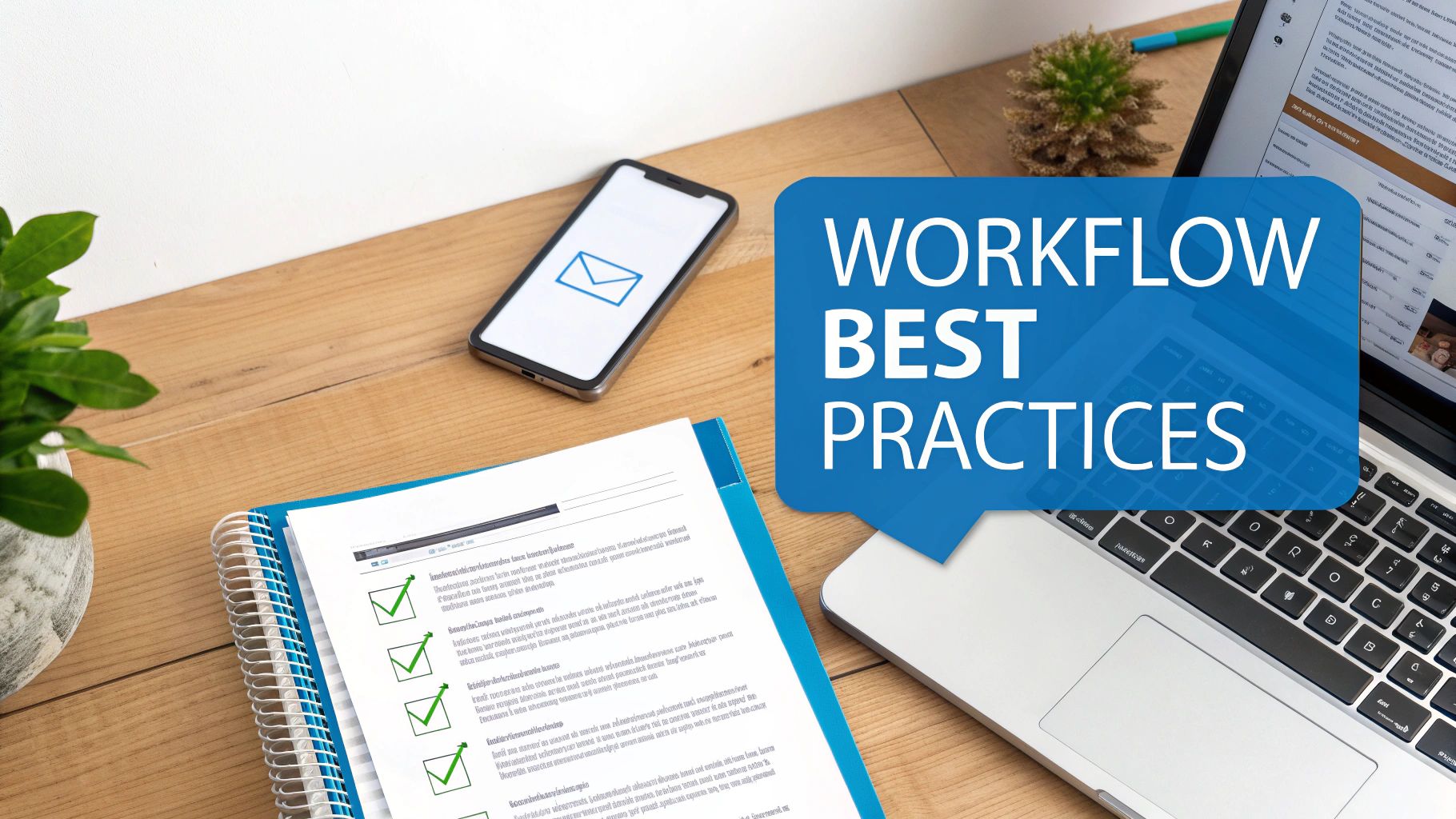 Overhead view of a modern workstation with laptop, phone, checklist, and text "Workflow Best Practices."