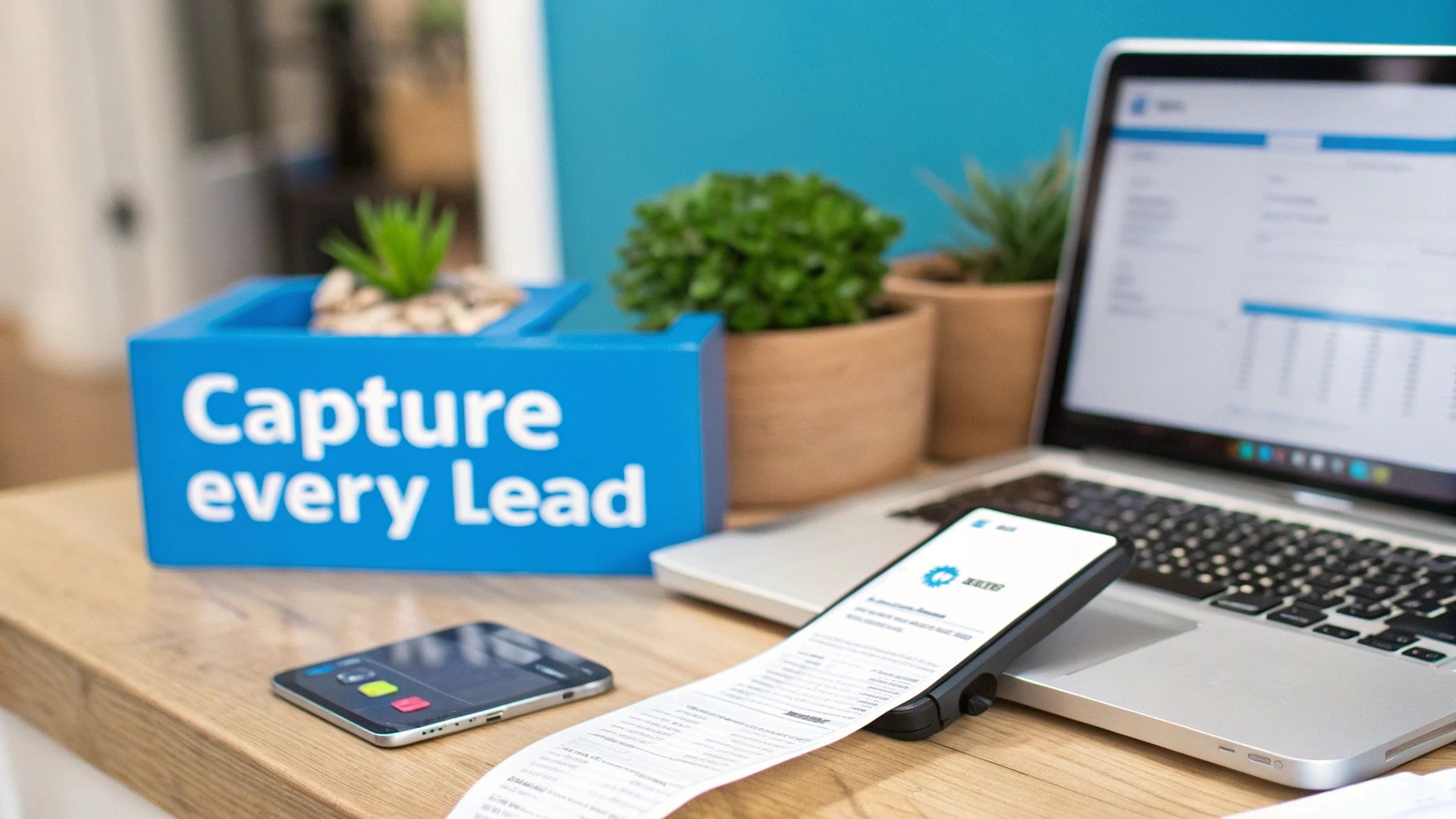 A desk with a laptop, two smartphones, and a receipt, alongside a blue 'Capture every Lead' box.