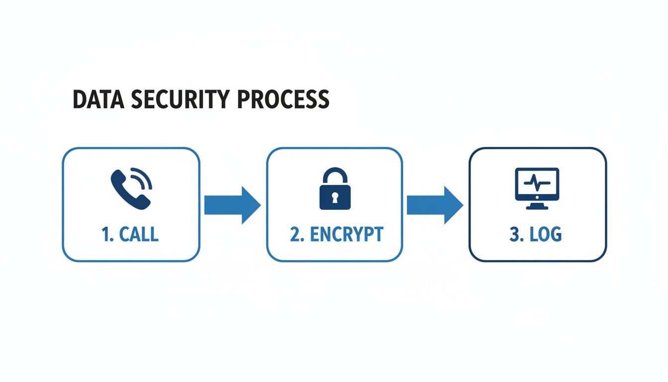 Flowchart illustrating a data security process with three steps: call, encrypt, and log.