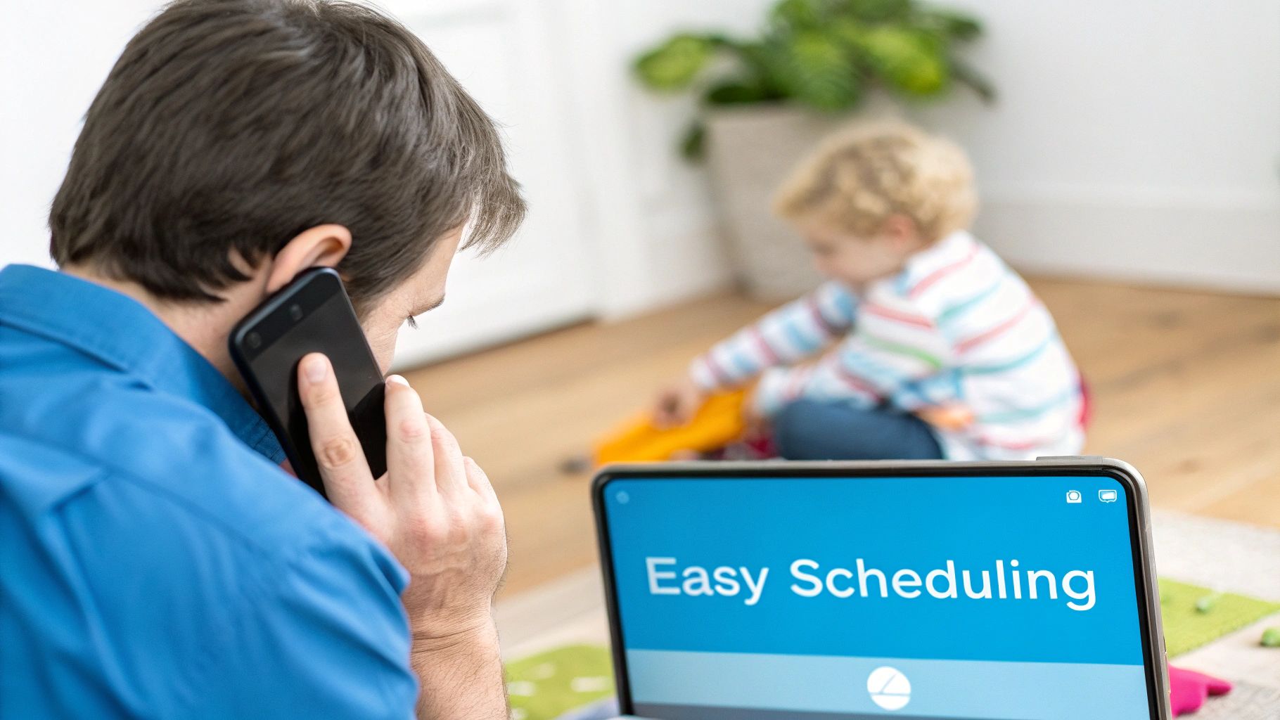 A man talks on a phone while looking at a laptop with "Easy Scheduling" displayed, as a child plays nearby.