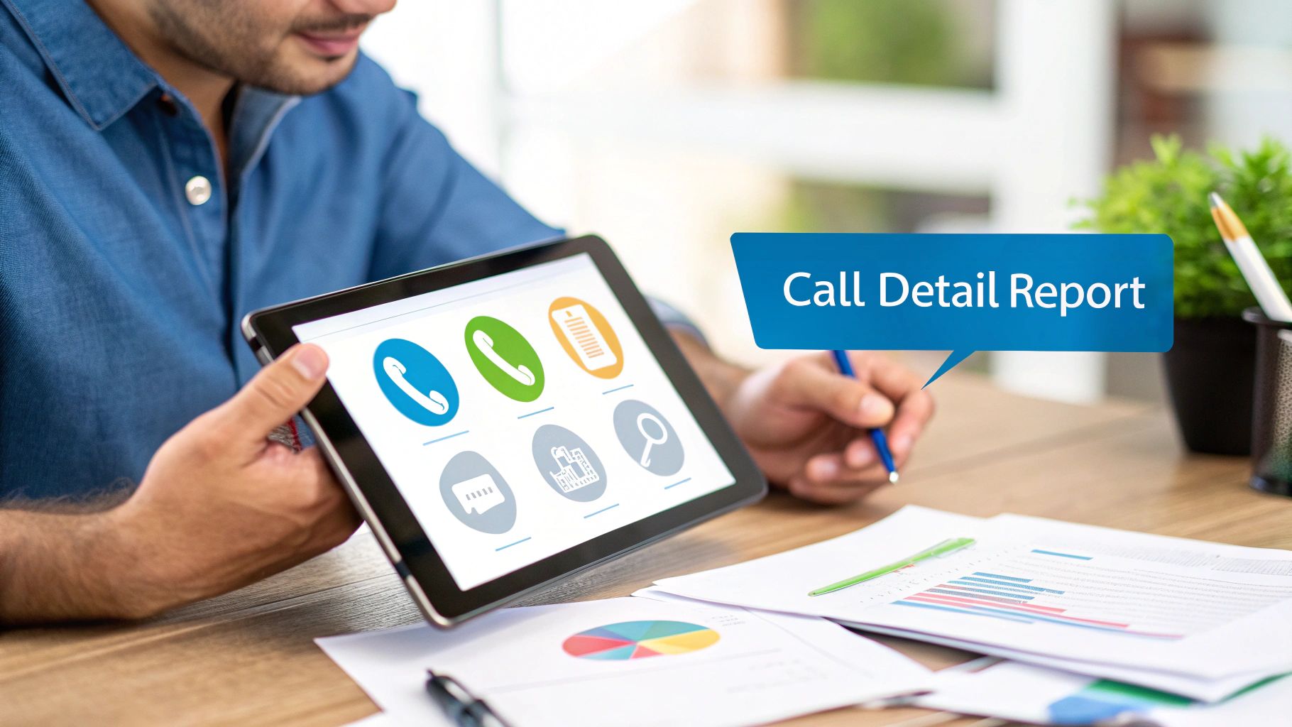 Man examining call detail reports on a tablet and paper, highlighting data analysis and communication.