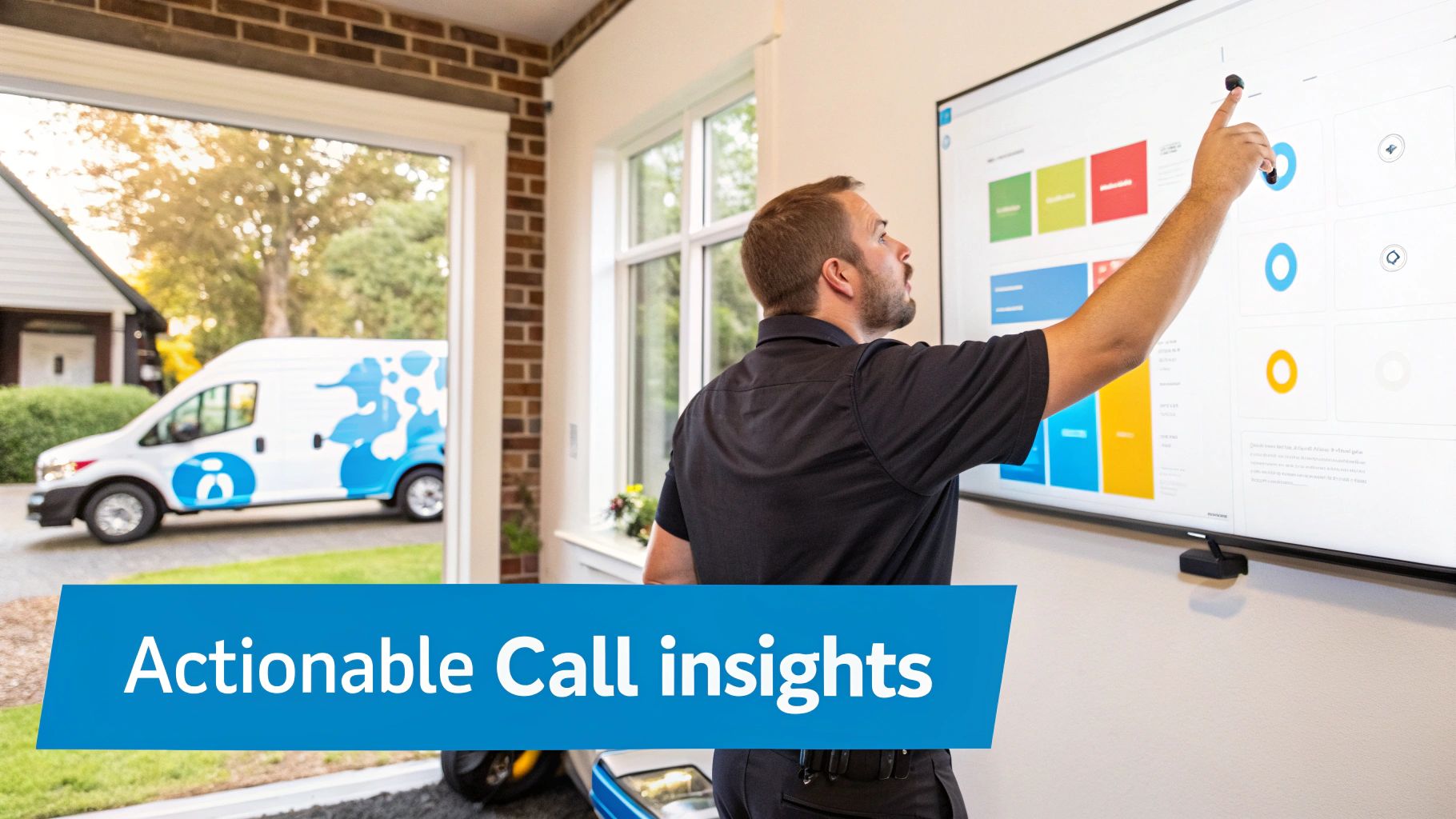 A man analyzing actionable call insights on a large digital display, with a branded service van visible outside.