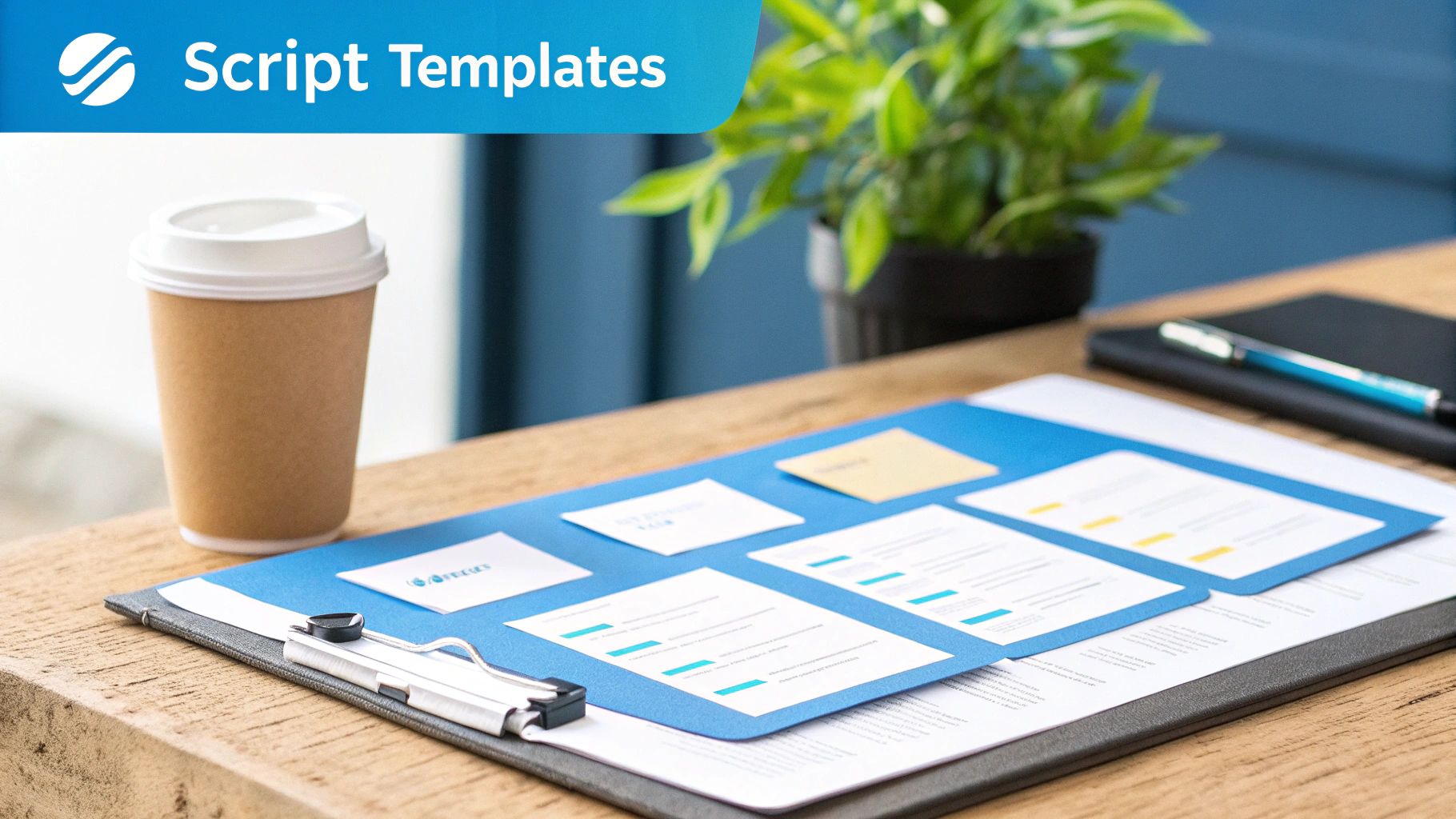 A wooden desk features a clipboard with various blue and white papers, a coffee cup, and a green plant, showcasing script templates.