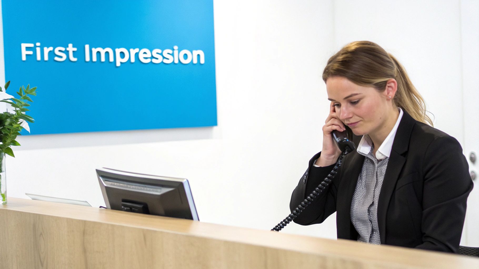 A professional woman answers a phone call at a light wood reception desk under a 'First Impression' sign.