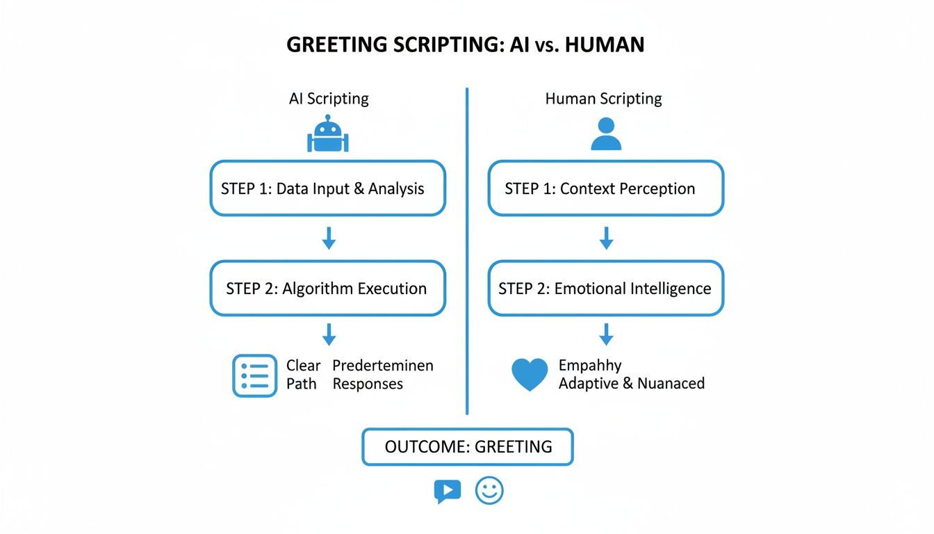 Flowchart comparing AI and human greeting scripting processes, detailing steps like data analysis versus emotional intelligence.