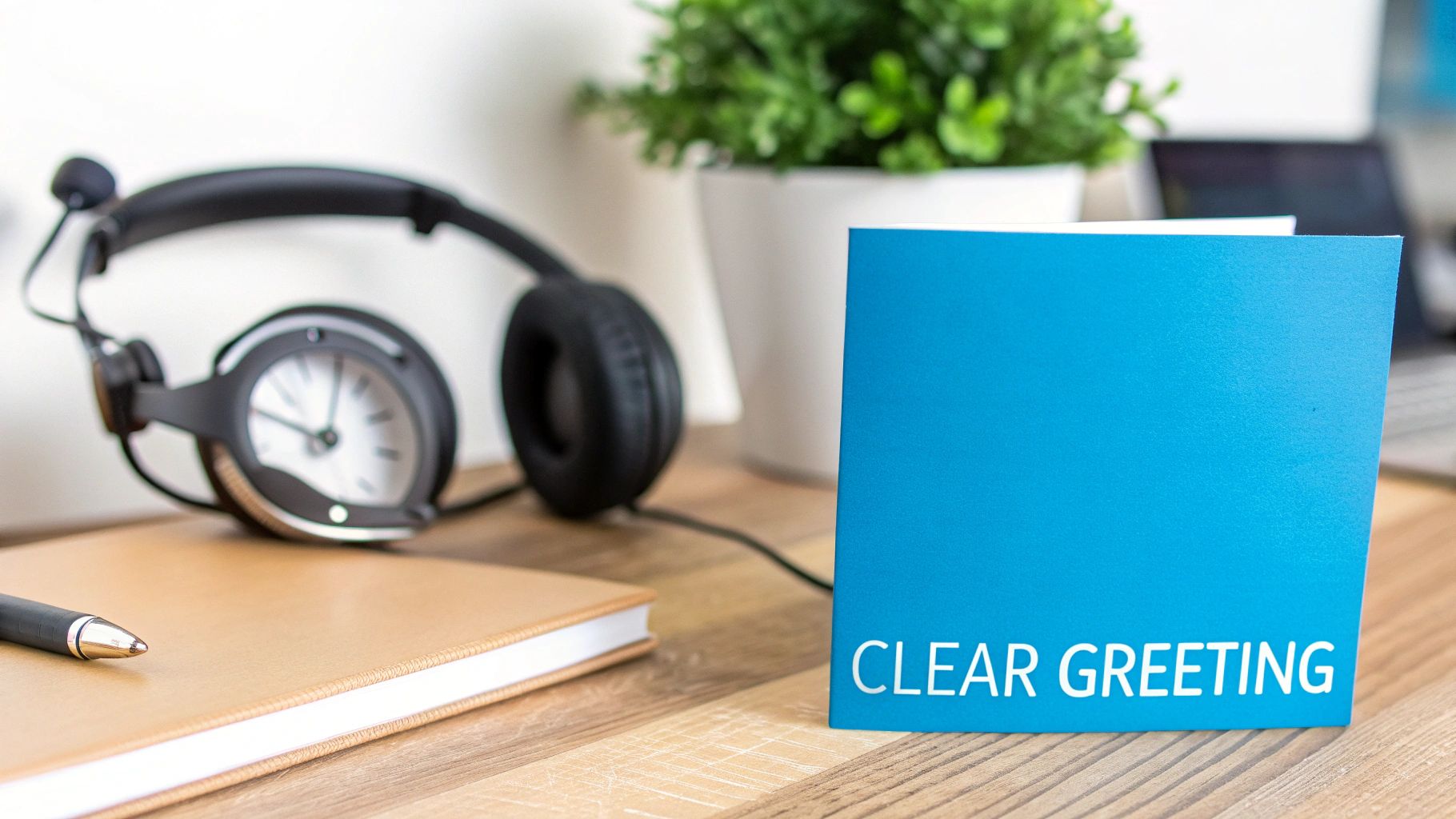 Headphones with a clock, a notebook with a pen, and a blue card reading 'CLEAR GREETING' on a wooden desk.