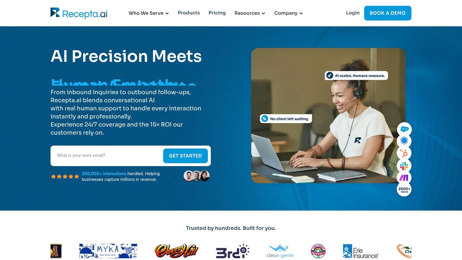 Recepta.ai appointment scheduling dashboard showing its hybrid AI and human support model for small businesses.