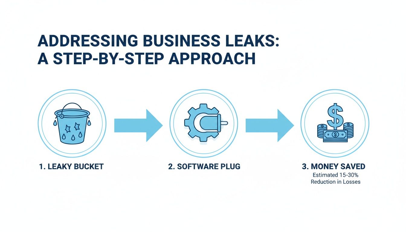 Infographic illustrates a leaky bucket being fixed by a software plug, leading to money saved and reduced losses.