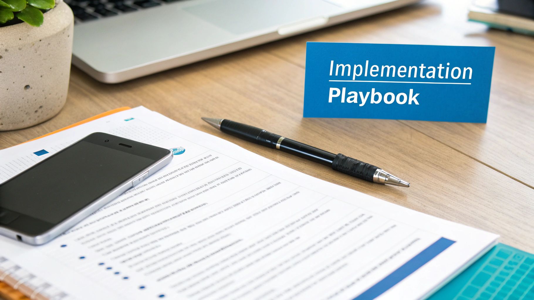 A professional desk setup with an 'Implementation Playbook' sign, a laptop, smartphone, pen, and documents.