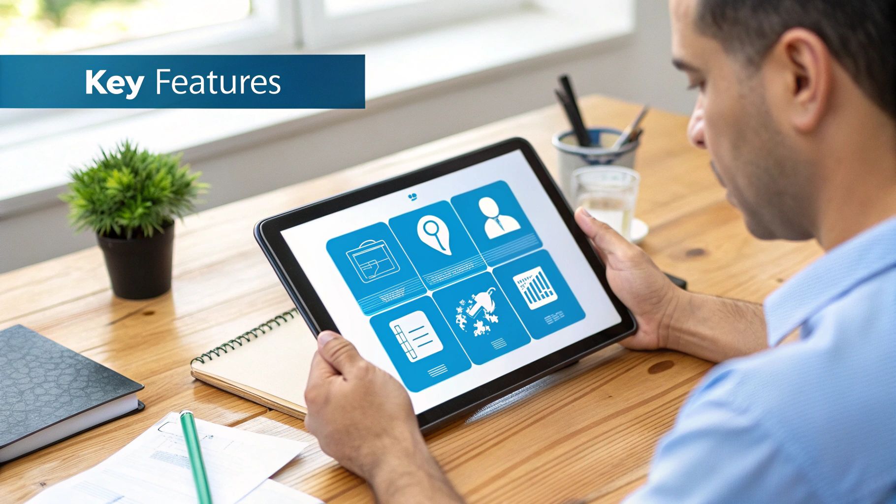 Man using a tablet displaying various blue icons for key software features on a wooden desk.