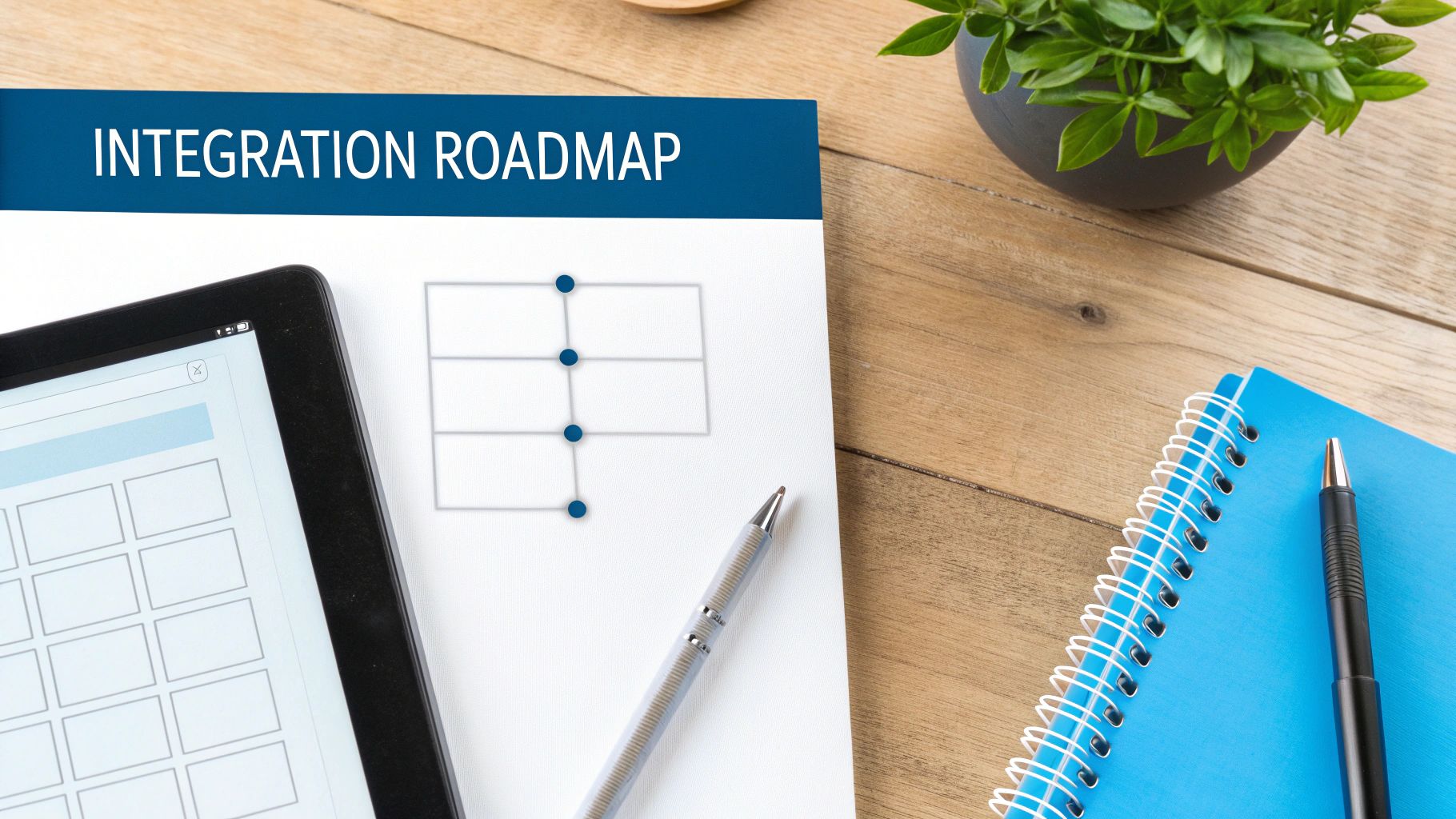 An integration roadmap document, tablet, and notebook on a wooden desk, showing business planning.