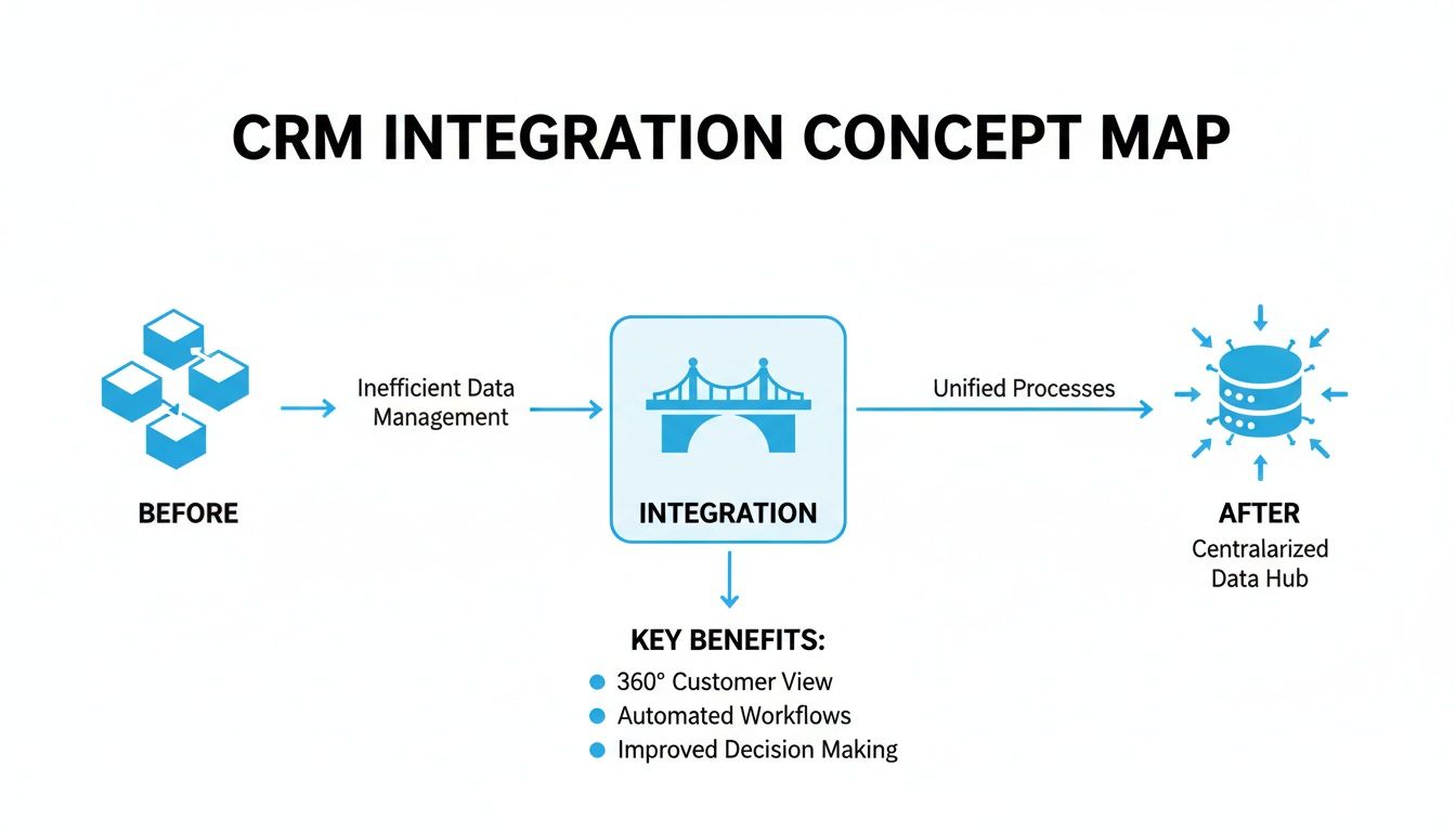 CRM integration concept map showing before, integration, and after stages with key benefits.