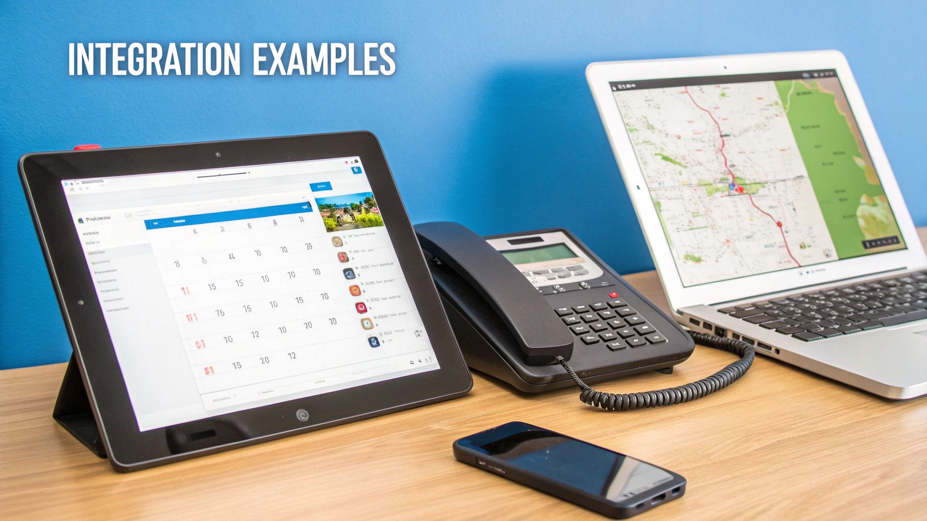 A tablet, desk phone, laptop with a map, and a smartphone on a wooden desk, illustrating technology integration.