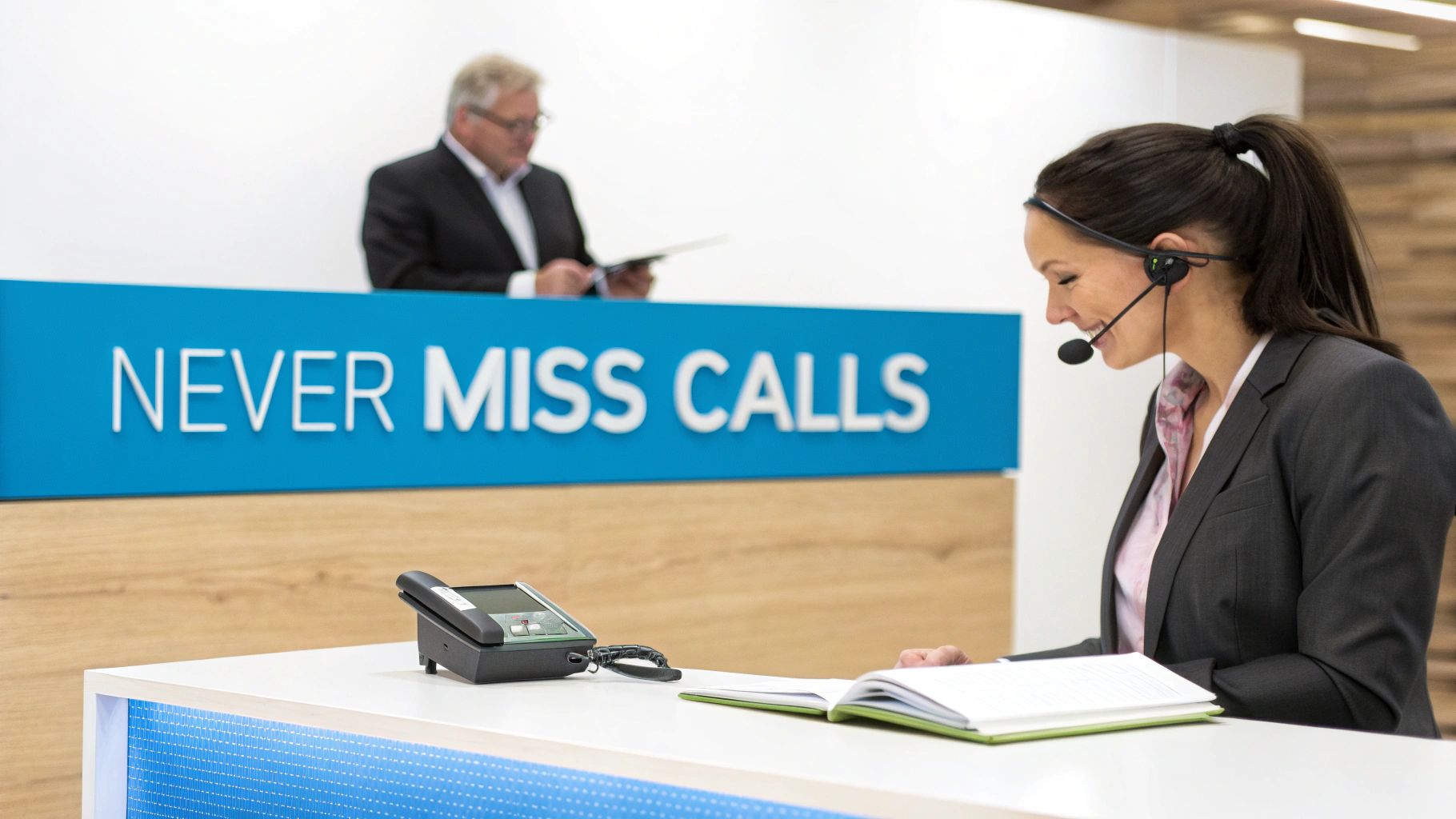 A smiling virtual receptionist wearing a headset takes notes, with a 'Never Miss Calls' sign behind her.