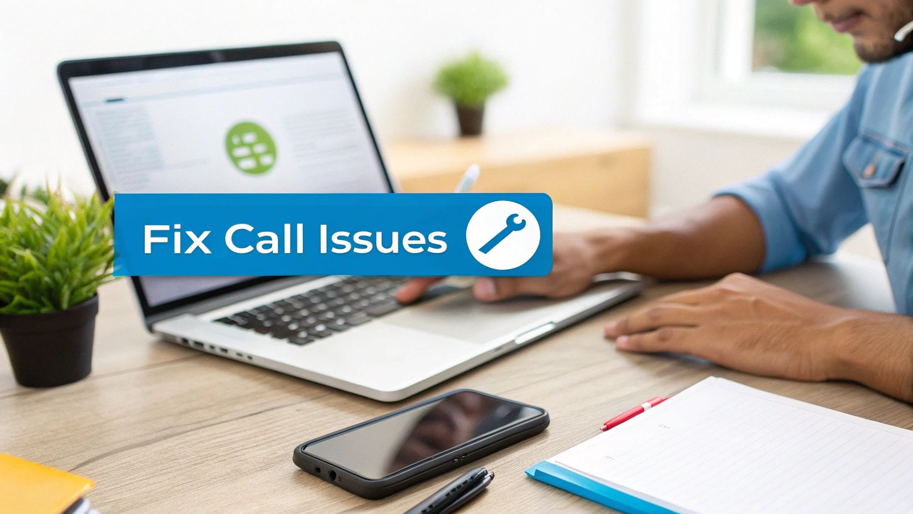 A person works on a laptop to fix call issues, with a smartphone nearby on a desk.