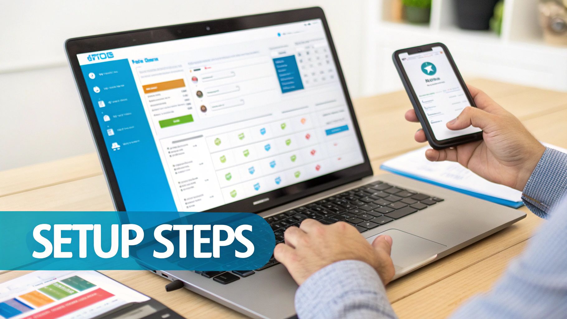 A person uses a laptop and smartphone to complete setup steps for a business application.