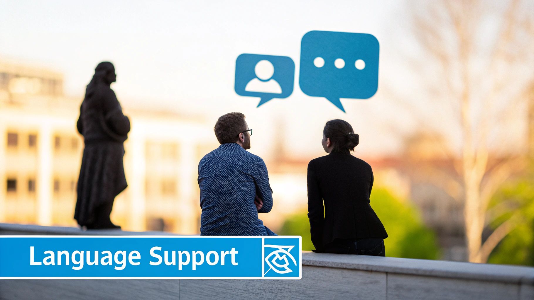 Two people sitting outdoors, with speech bubble icons above them, promoting language support services.