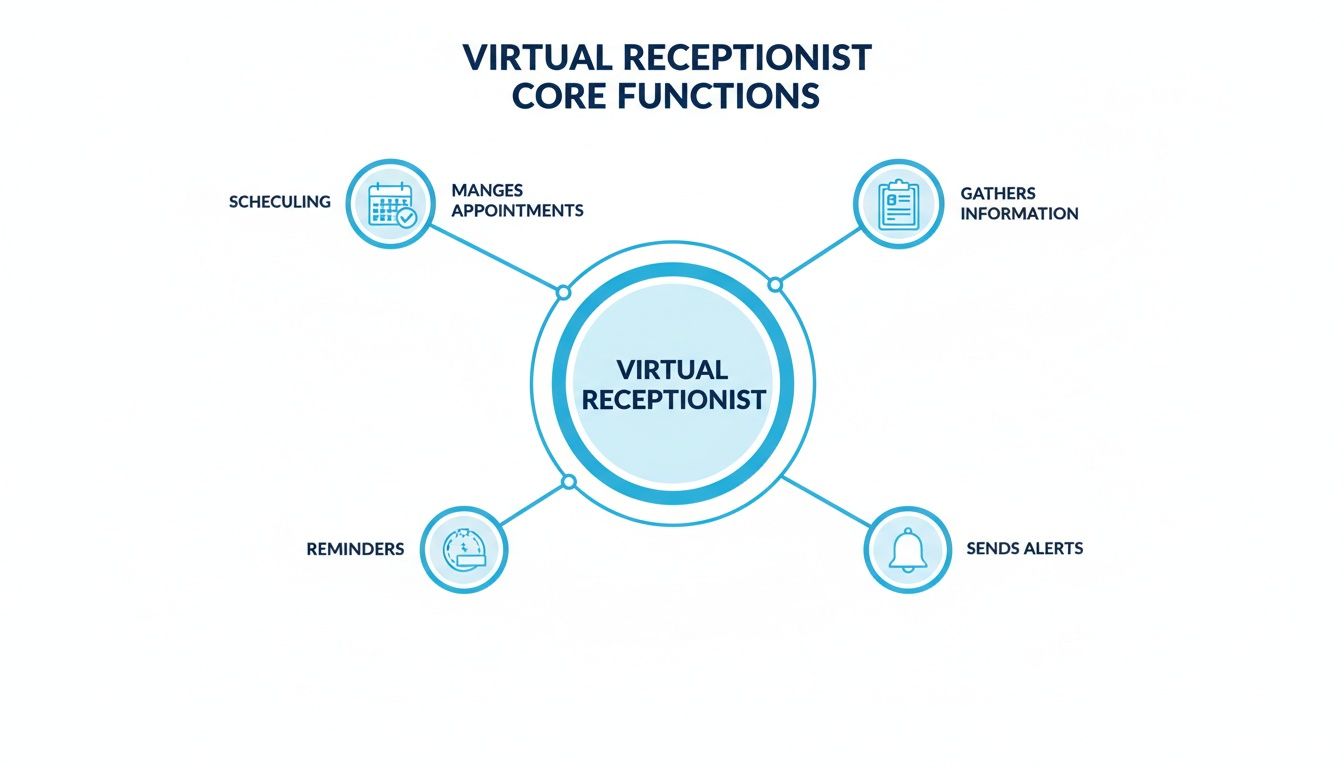 Diagram illustrating virtual receptionist core functions: scheduling, managing appointments, gathering information, providing reminders, and sending alerts.