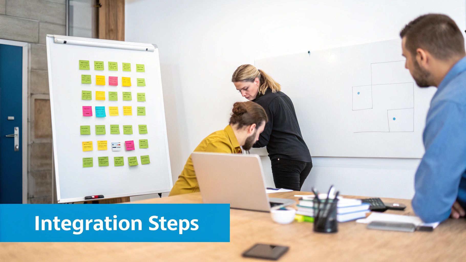 Three colleagues collaborate in an office, brainstorming 'Integration Steps' with sticky notes on a whiteboard.
