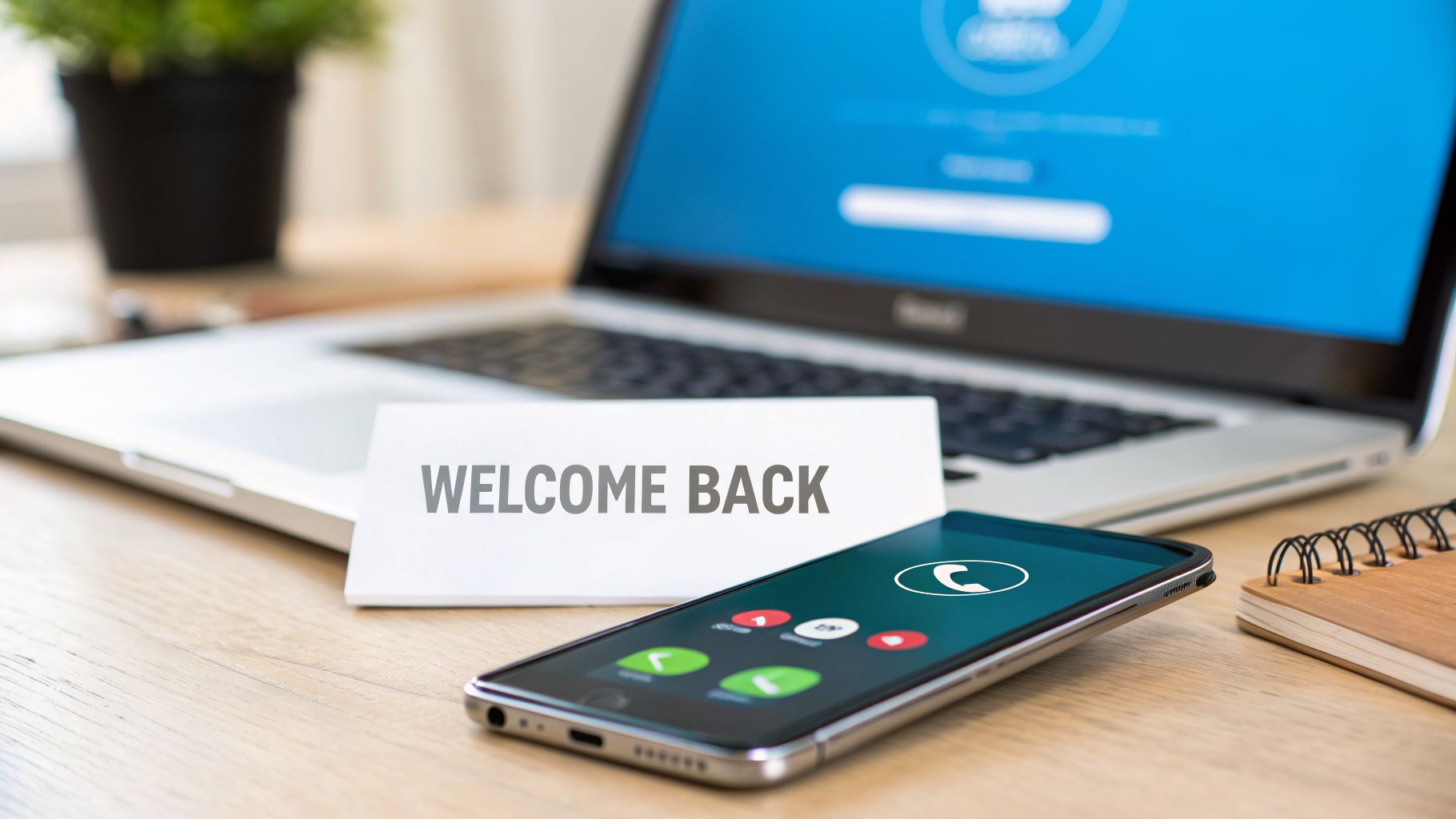 A 'WELCOME BACK' sign on a desk with a laptop and a smartphone displaying a phone call screen.