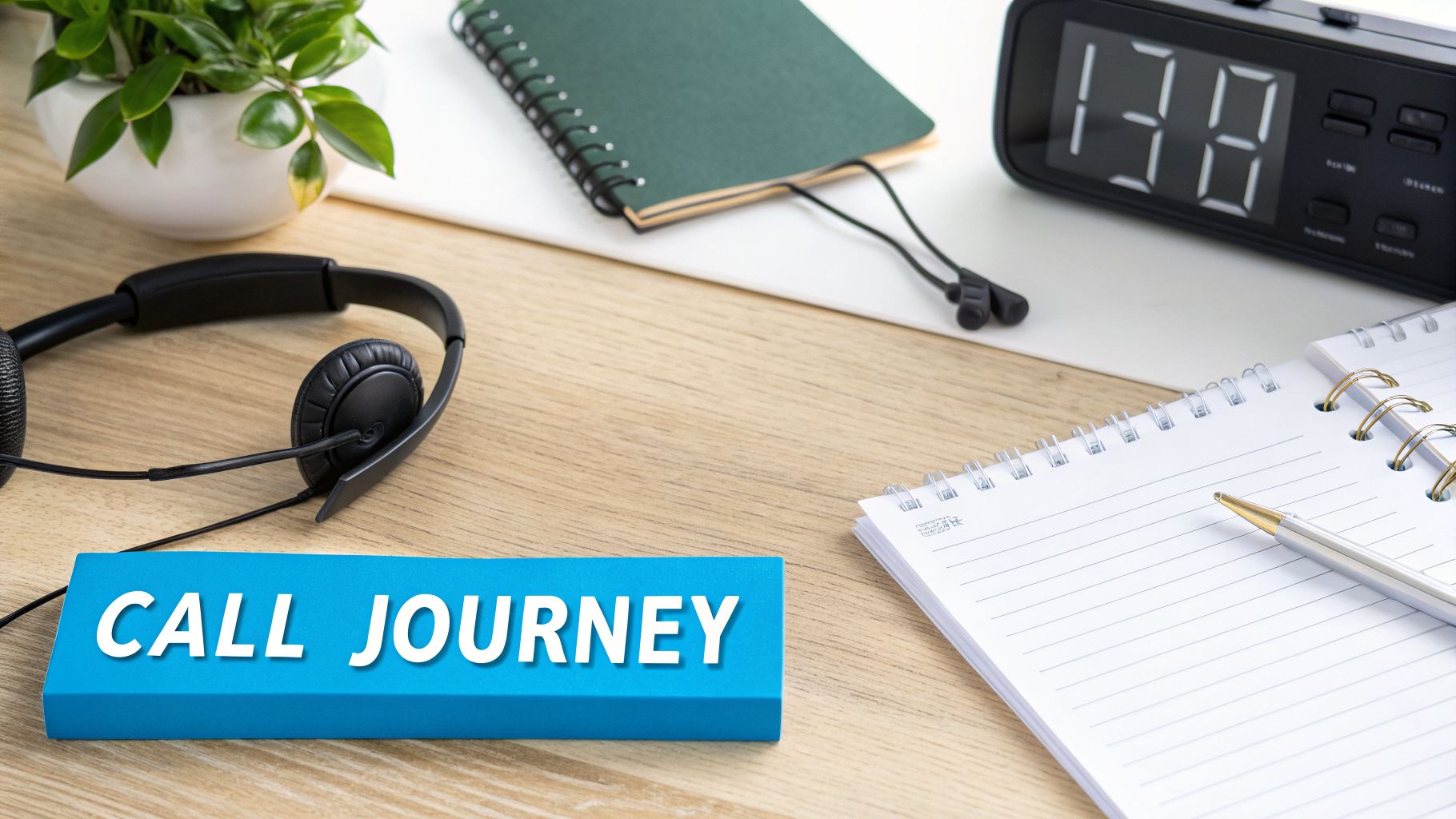 A desk with a 'CALL JOURNEY' sign, headphones, notebooks, a pen, a plant, and a digital clock.