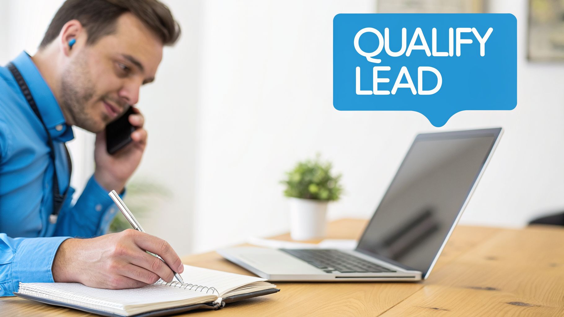 A man in a blue shirt talking on his phone while writing notes, next to a laptop and a 'Qualify Lead' speech bubble.