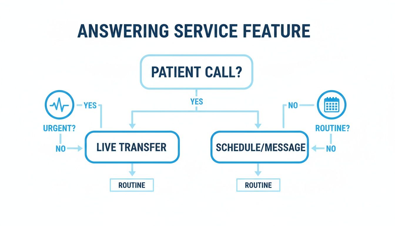 Detailed flowchart showing an answering service feature for managing patient calls, distinguishing urgent and routine.