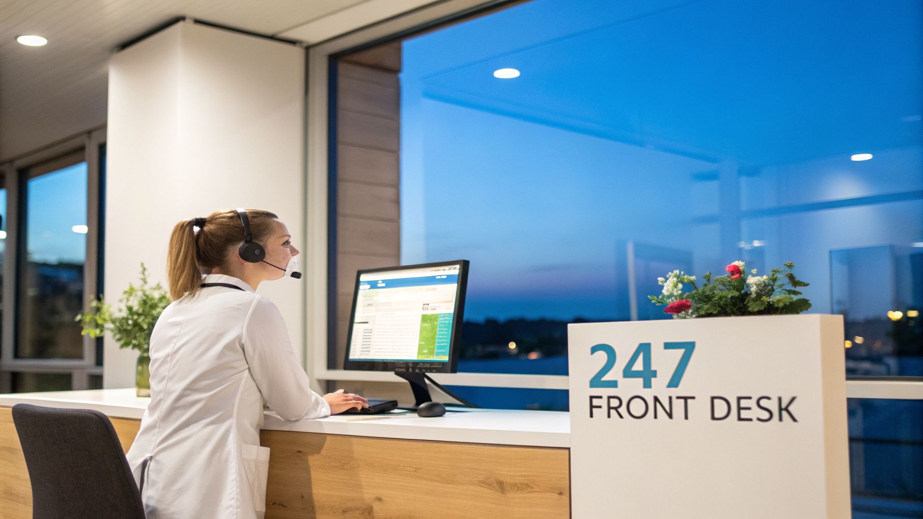 Woman with headset working at a 24/7 front desk in a modern medical office setting.