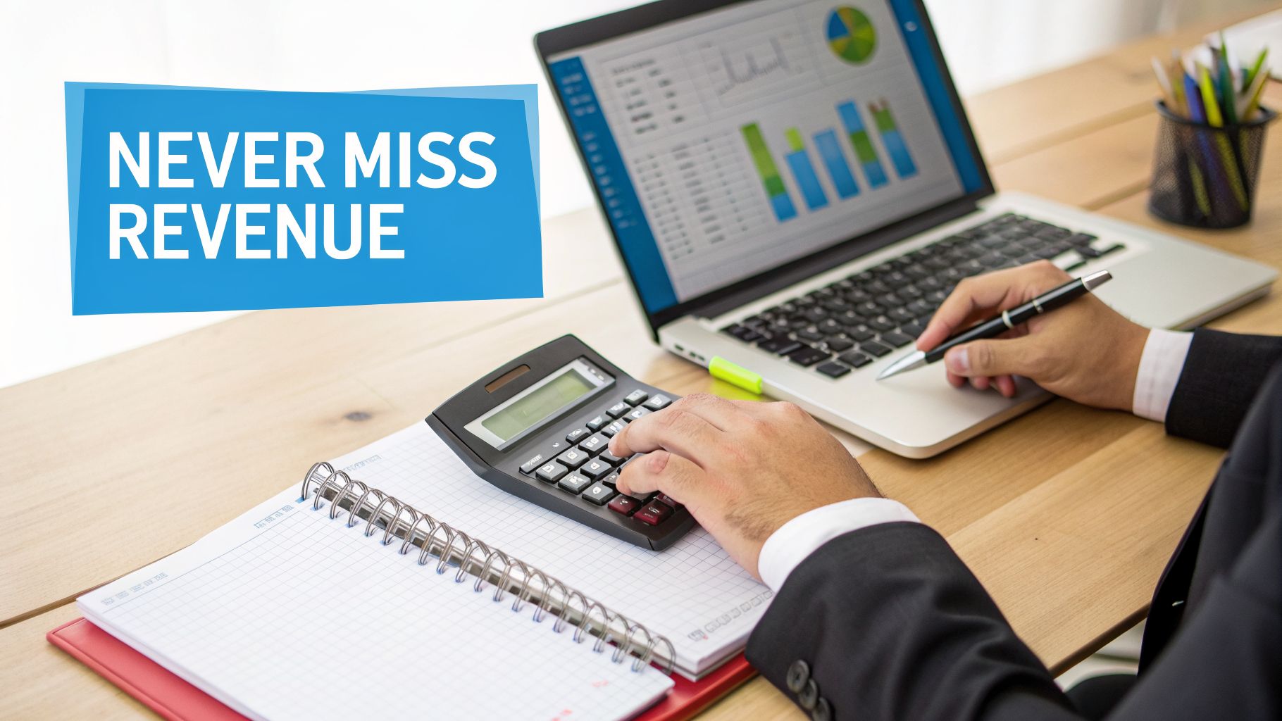 A professional working on financial calculations with a laptop and calculator, aiming to 'NEVER MISS REVENUE'.