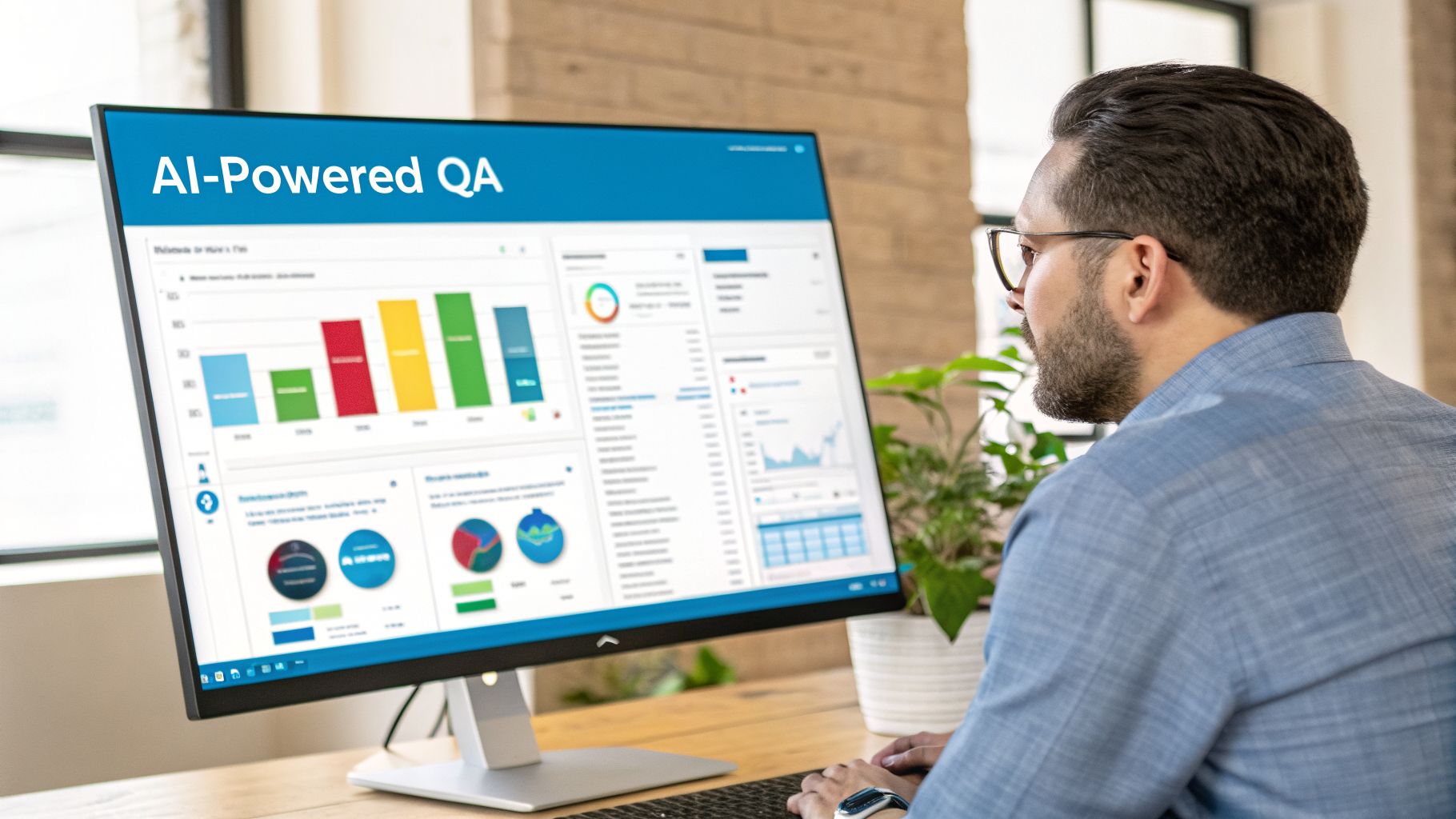 Man with glasses viewing an AI-Powered QA dashboard on a computer screen at his desk.