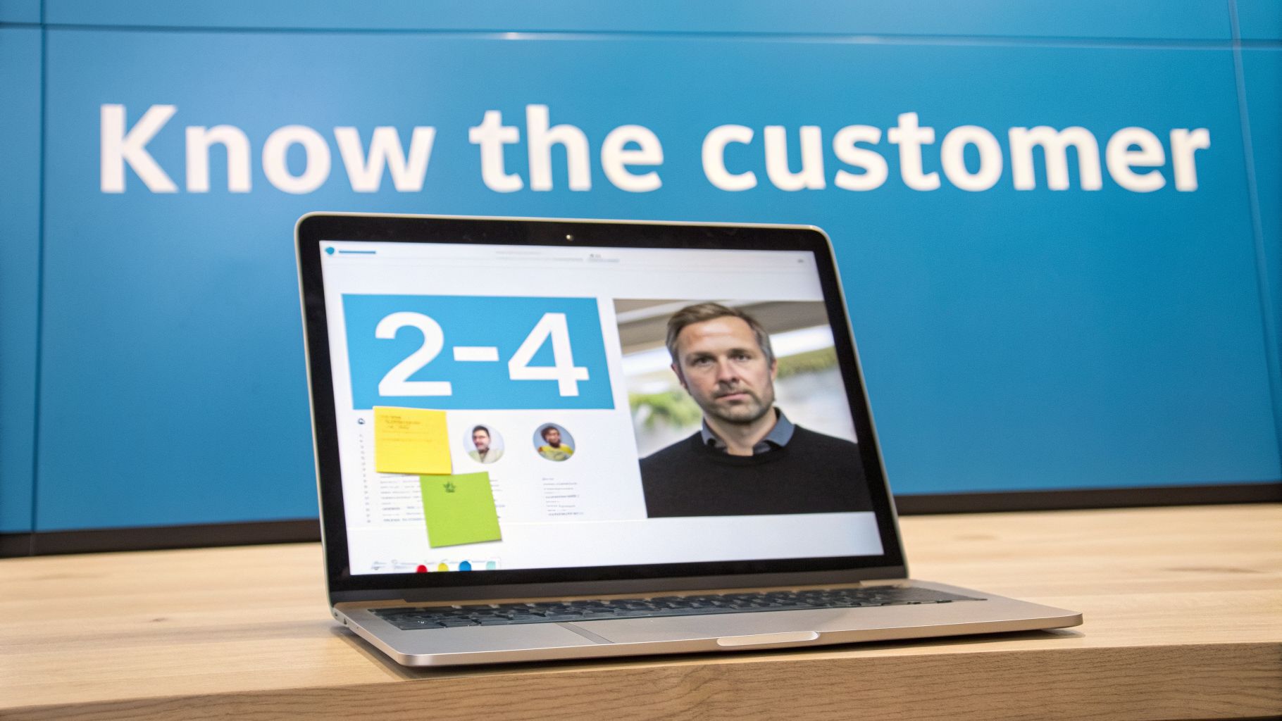 A laptop on a wooden desk with a presentation about knowing the customer on its screen.