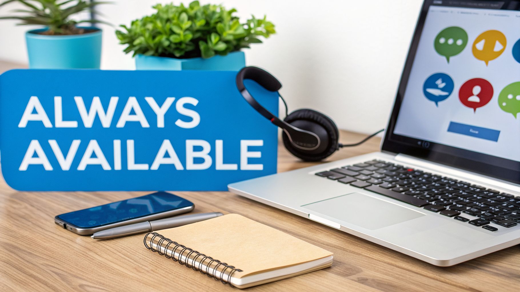 Desk with "ALWAYS AVAILABLE" sign, laptop showing chat icons, smartphone, headphones, and notebook.