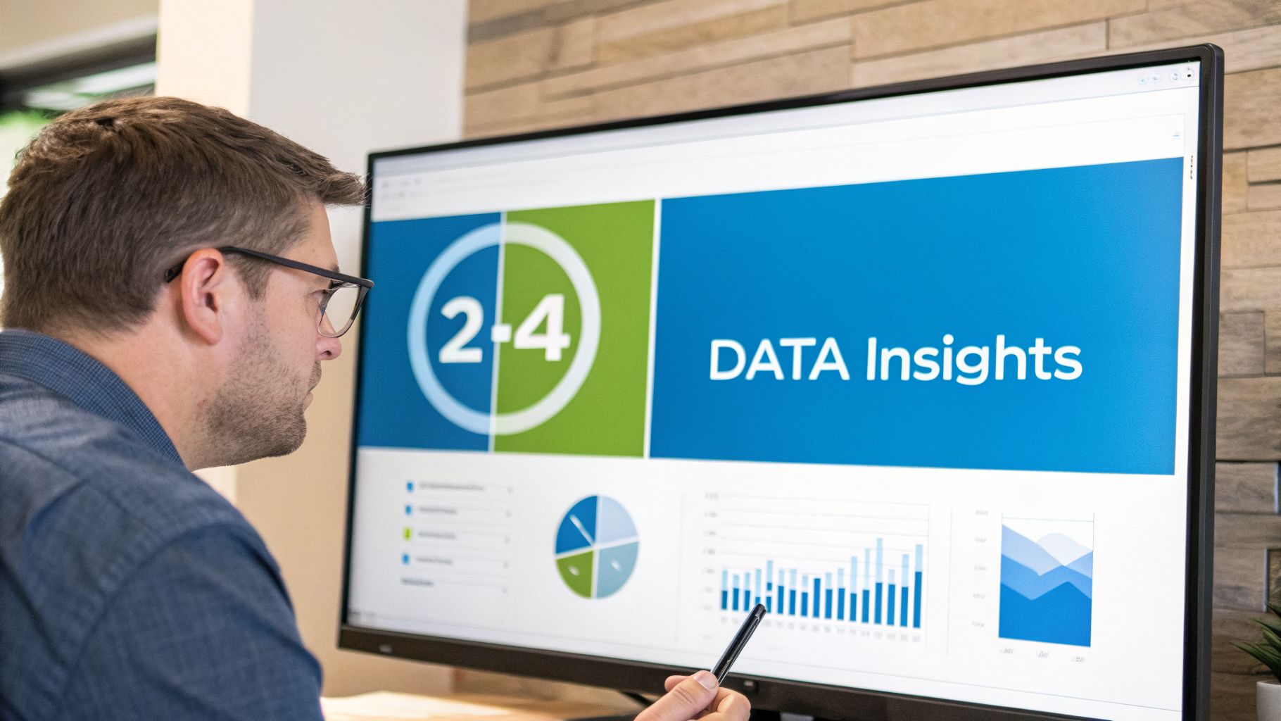 A man wearing glasses intently studies a computer monitor displaying a 'DATA Insights' dashboard with charts and graphs.