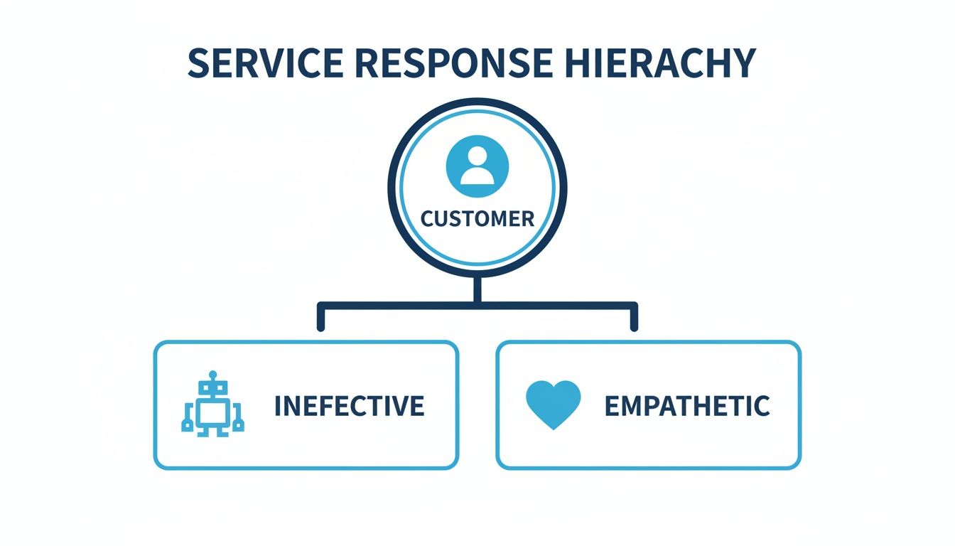 A hierarchy illustrating customer service responses: ineffective (robot) versus empathetic (heart).