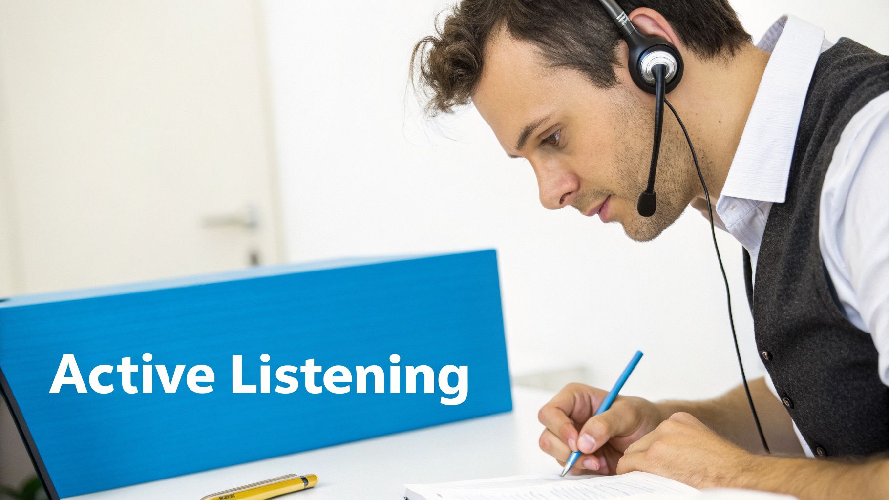 A man wearing a headset writes in a notebook, with 'Active Listening' on a blue sign.