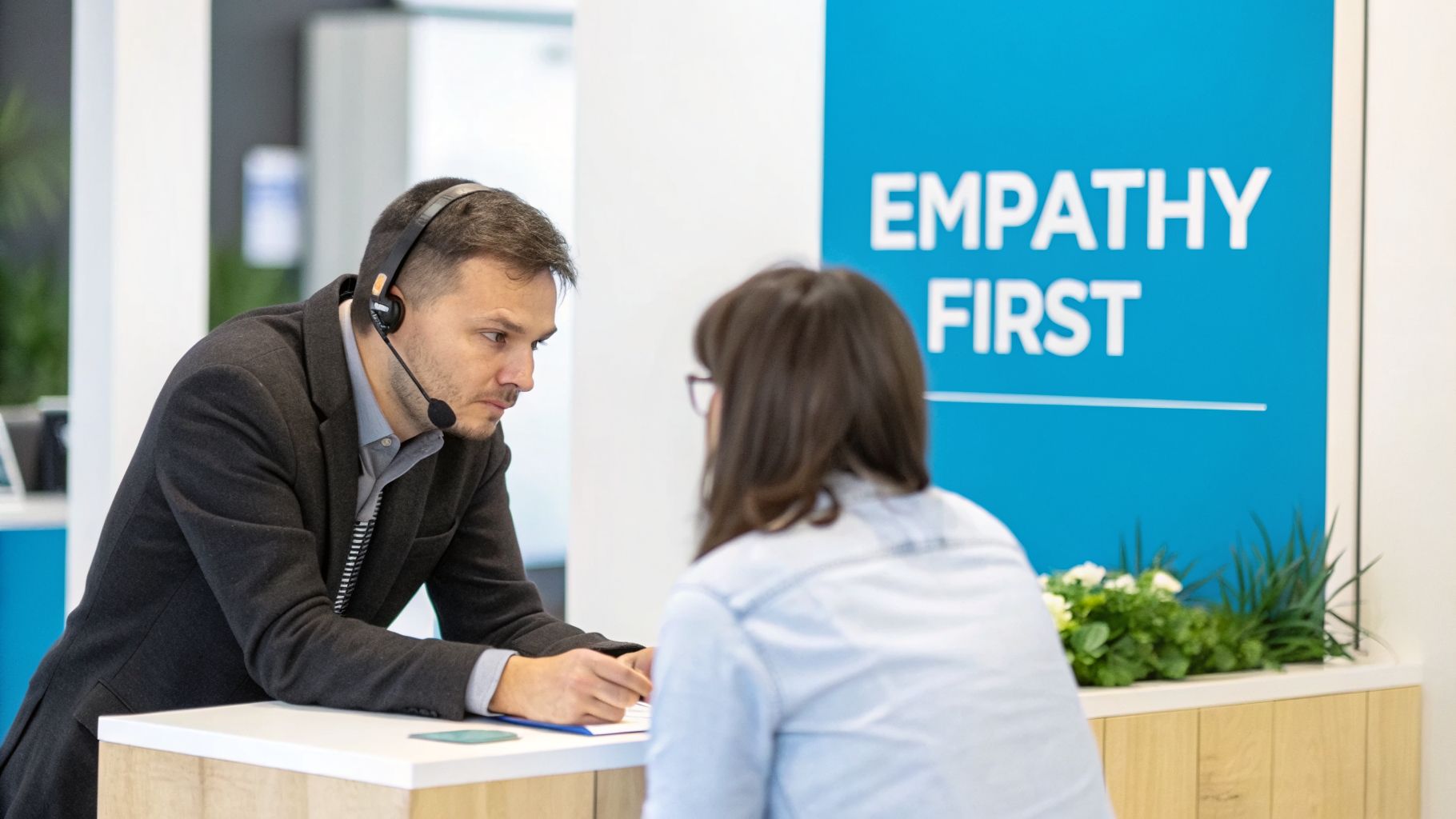 A customer service agent with a headset assists a client at a counter, an 'EMPATHY FIRST' sign visible.