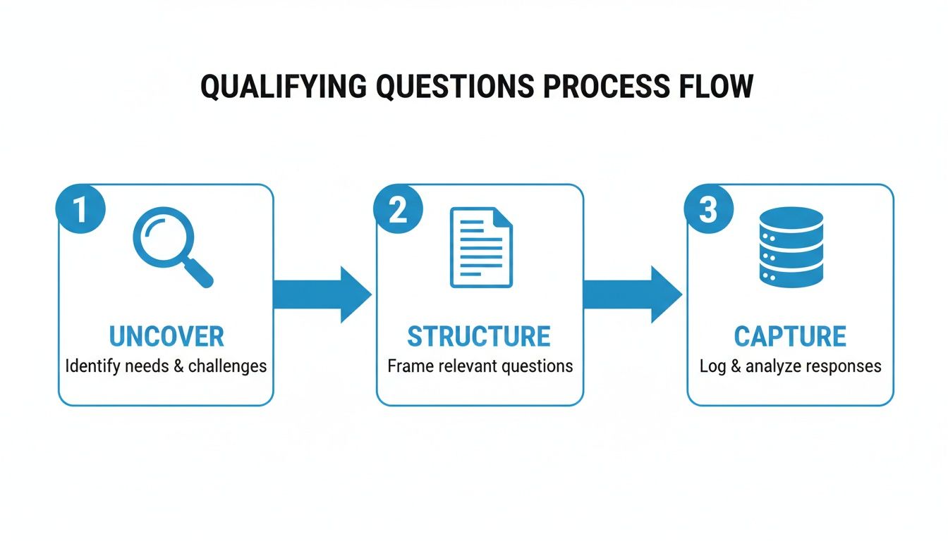 A three-step process flow diagram for qualifying questions, including Uncover, Structure, and Capture stages.