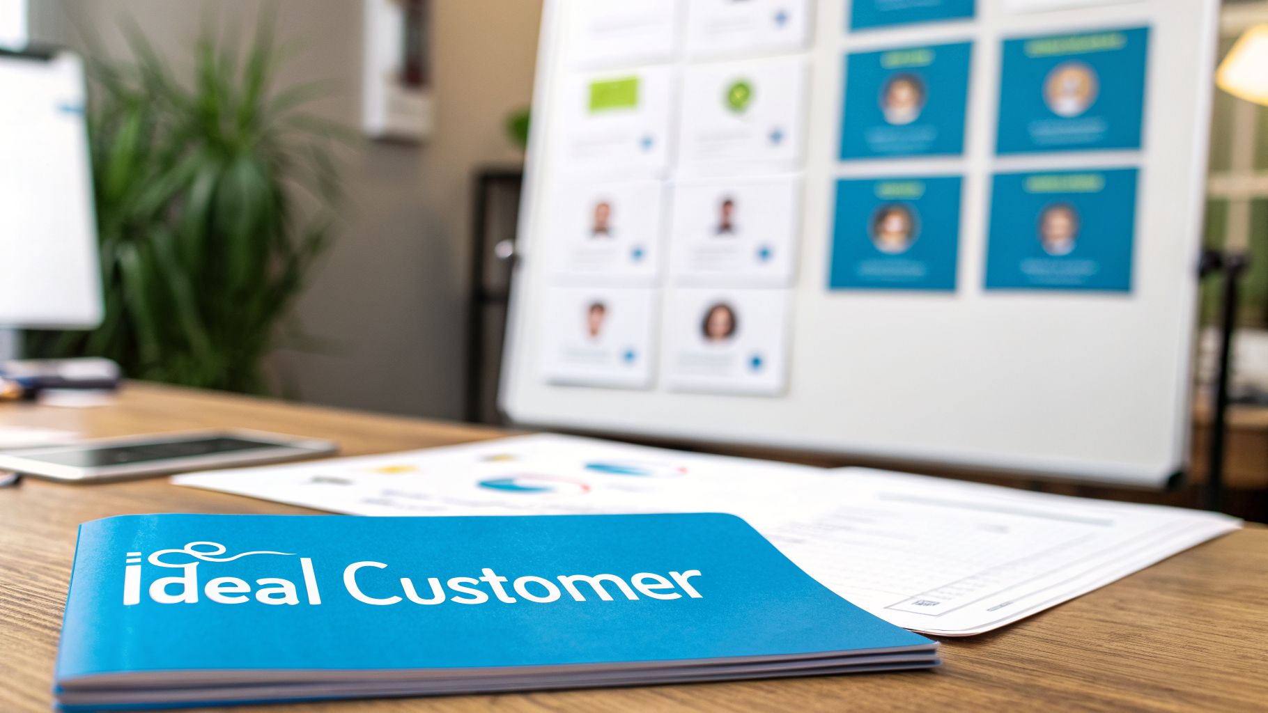 A blue binder labeled "ideal Customer" on a wooden desk with a whiteboard showing customer profiles in the background.