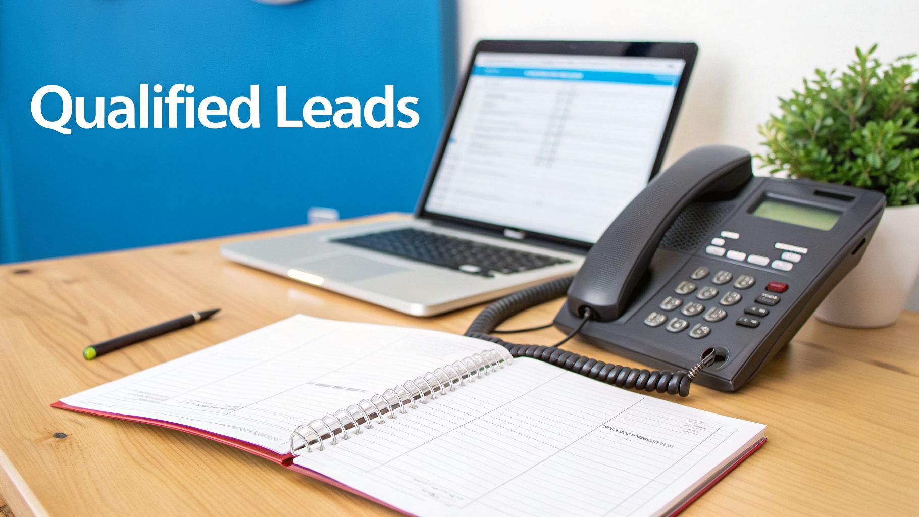 An office desk setup with a laptop, phone, notebook, pen, and 'Qualified Leads' text.