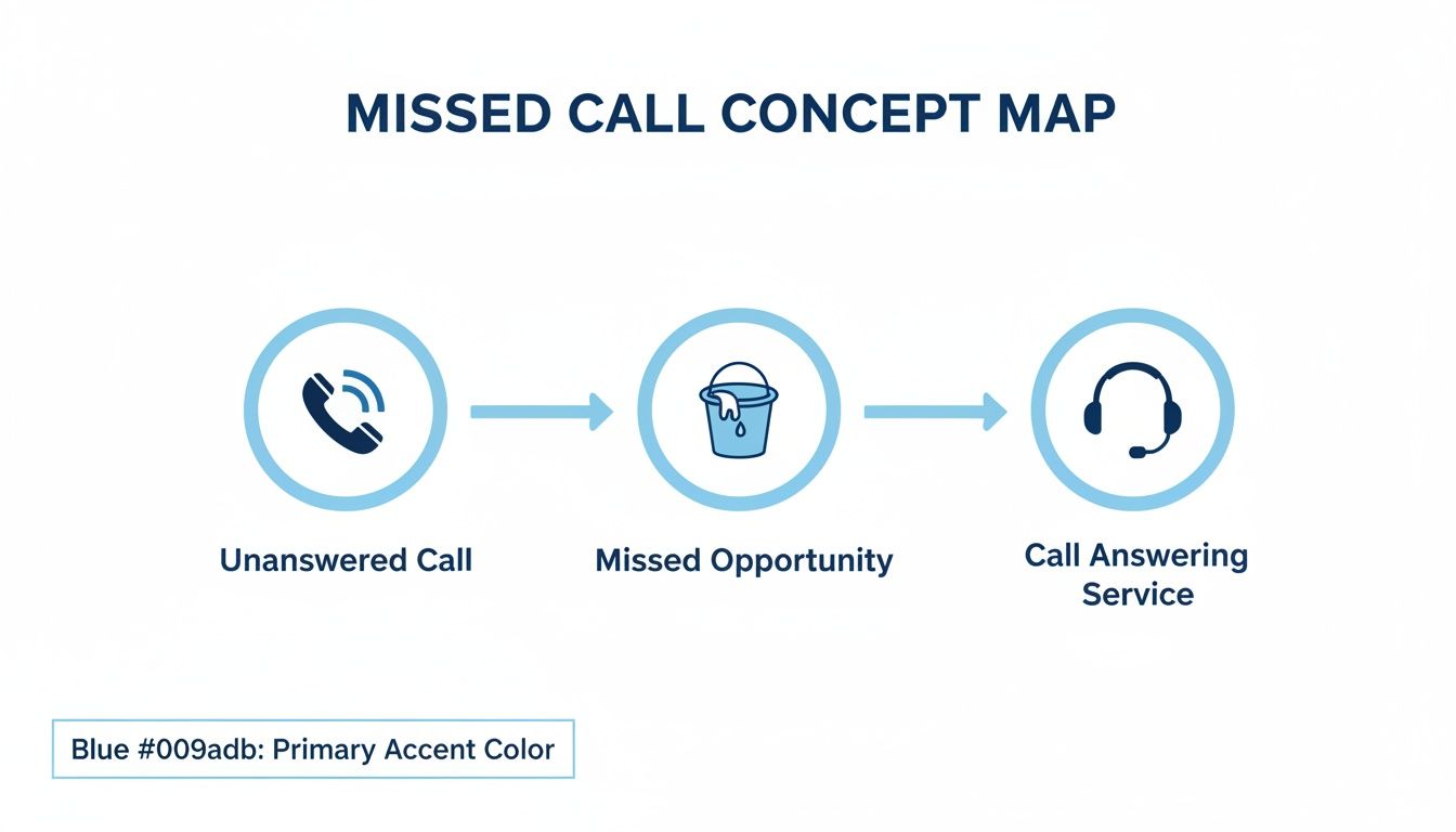 A concept map illustrates an unanswered call becoming a missed opportunity, leading to a call answering service.