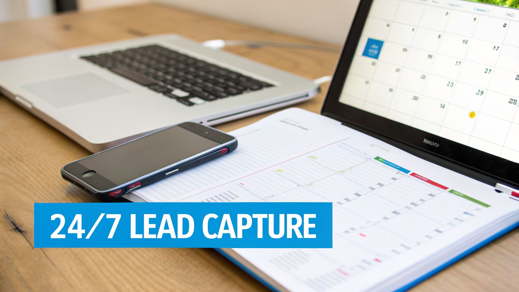 Modern desk setup with a laptop, smartphone, calendar, and documents, featuring a '24/7 LEAD CAPTURE' banner.