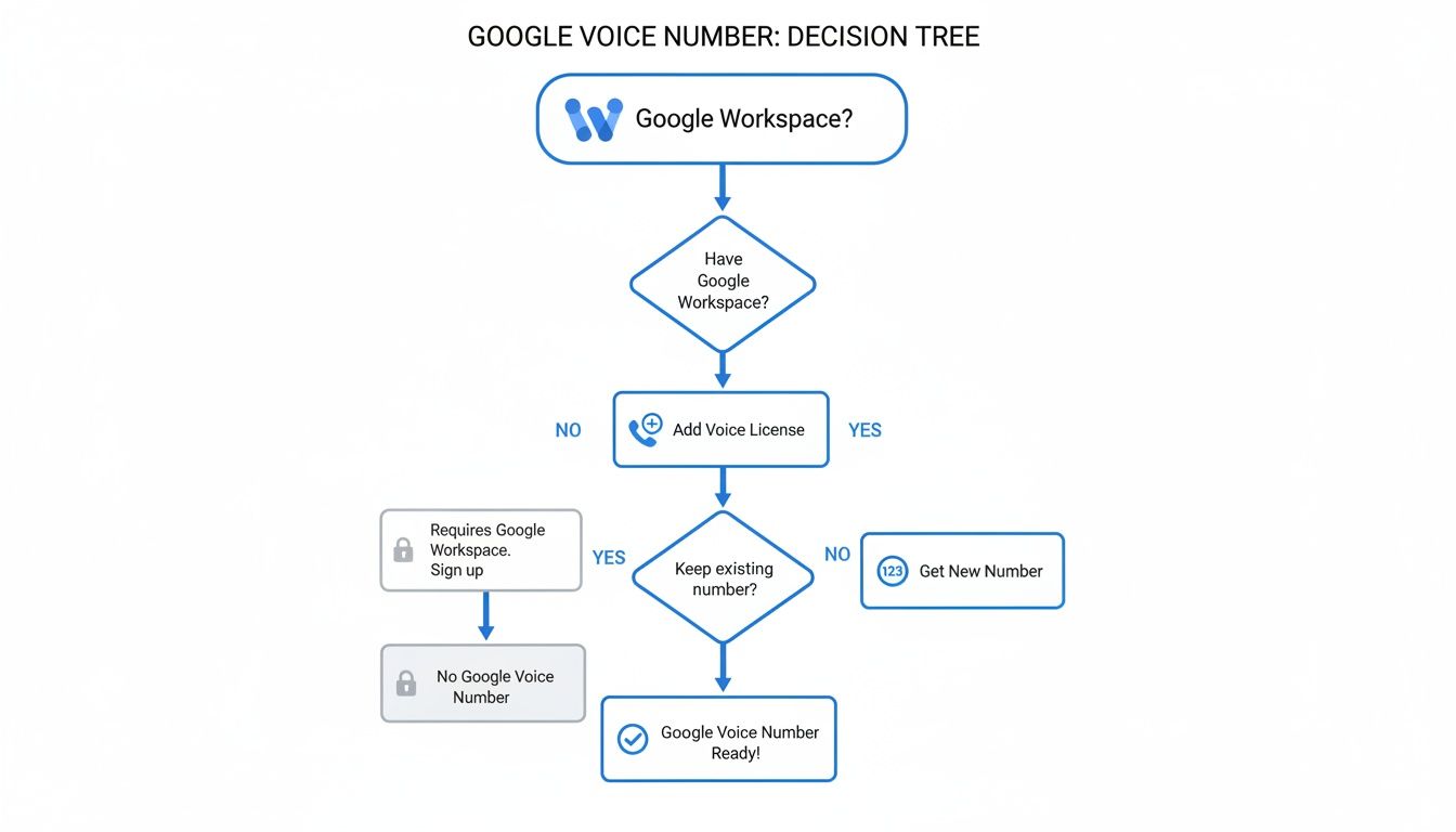 Decision tree flowchart illustrating the steps to get a Google Voice number for business, including Workspace requirements.