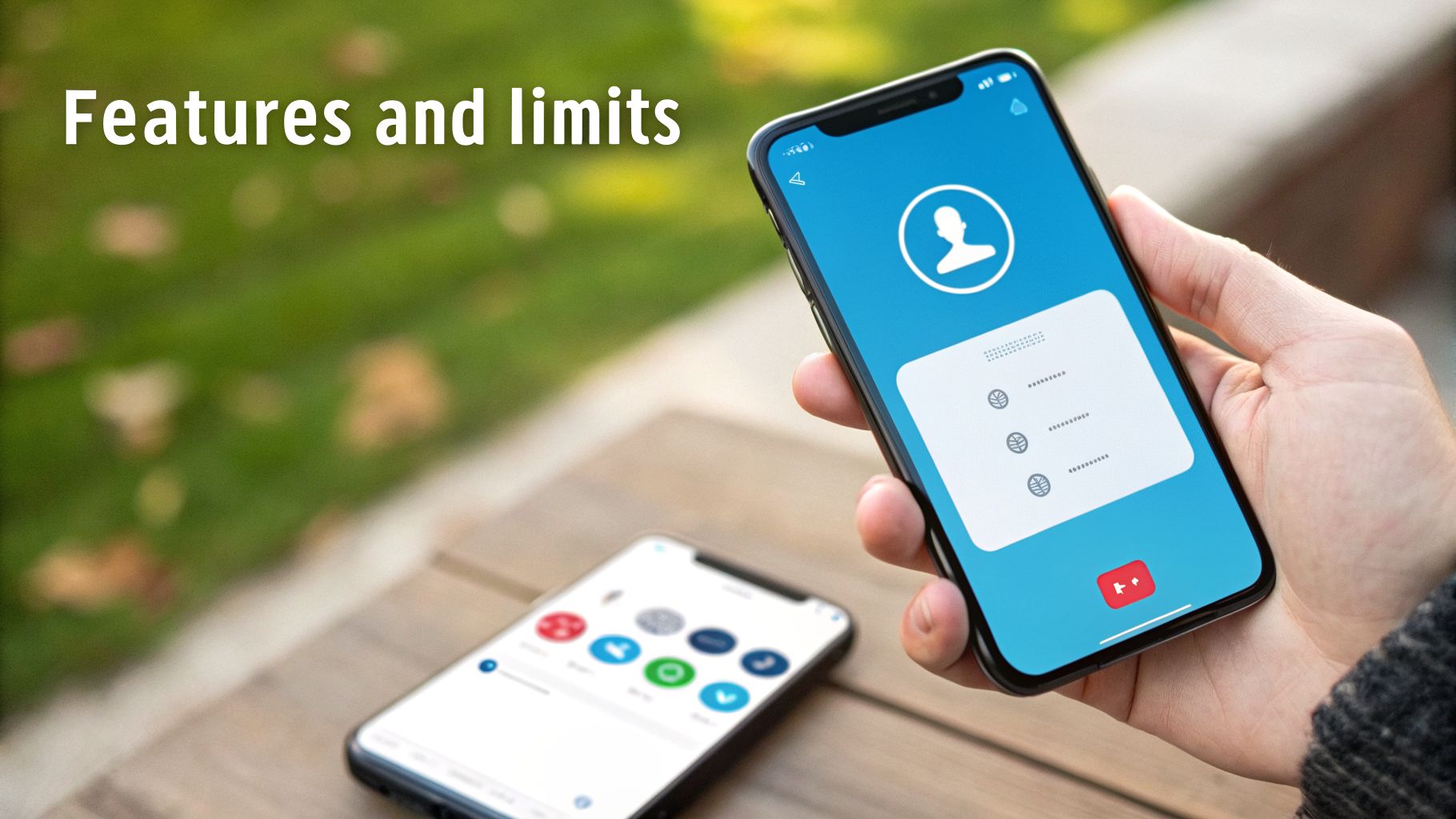 A hand holding a smartphone displaying password fields and a user icon, with another phone and text 'Features and limits'.