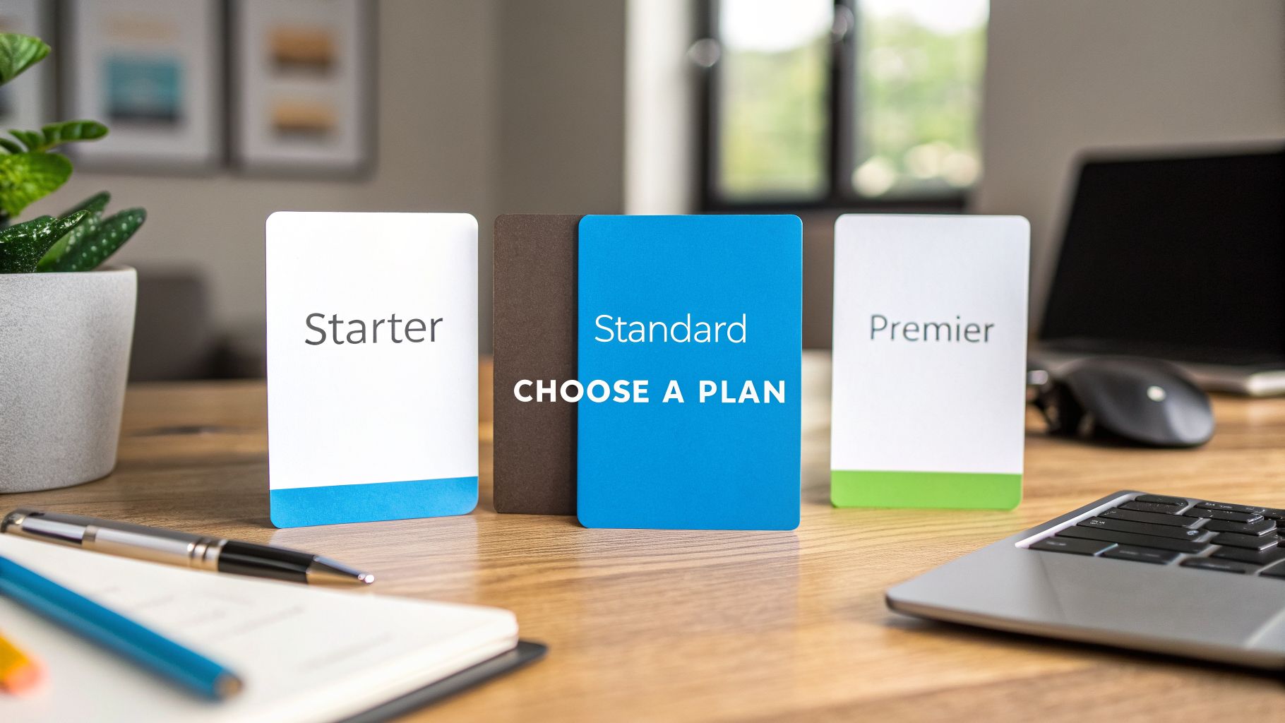 Three cards displaying 'Starter', 'Standard', and 'Premier' plans on a desk with 'CHOOSE A PLAN' text.