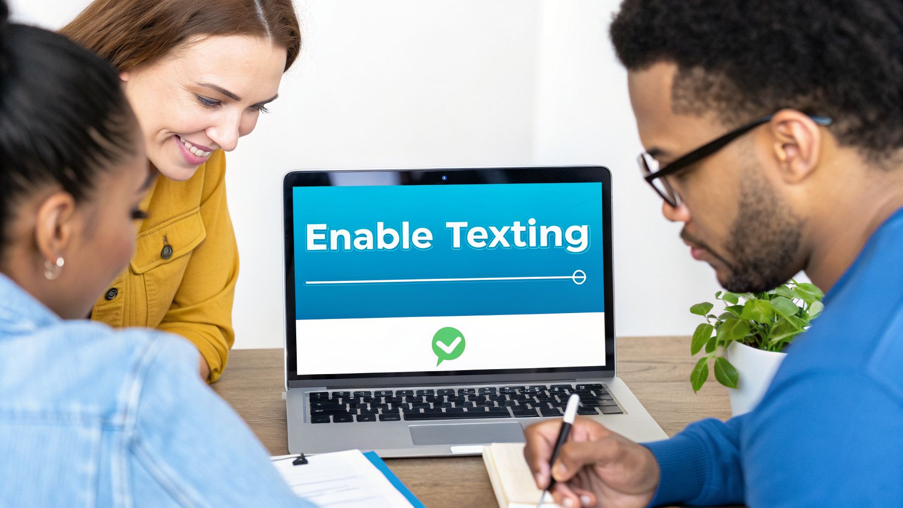 Person's hands typing on a laptop, implementing VoIP text messaging with a checklist nearby.