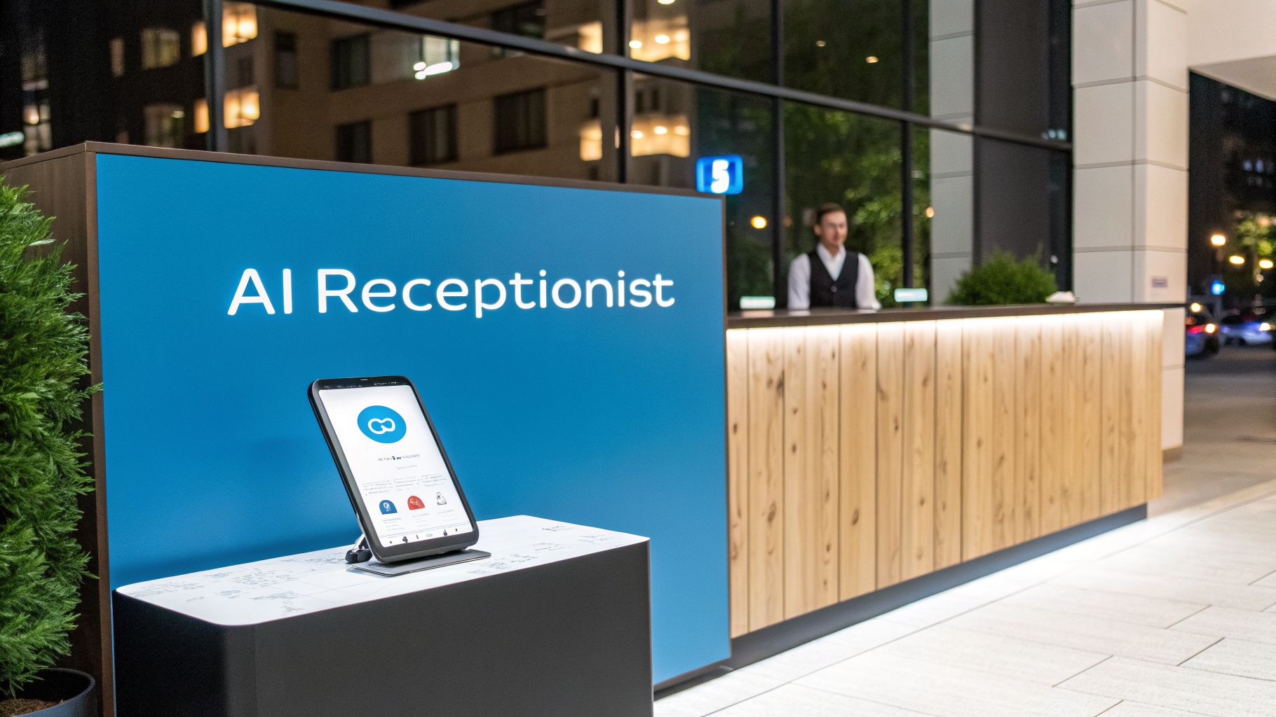 A smartphone on a stand next to a sign that says 'AI Receptionist' in a modern lobby.